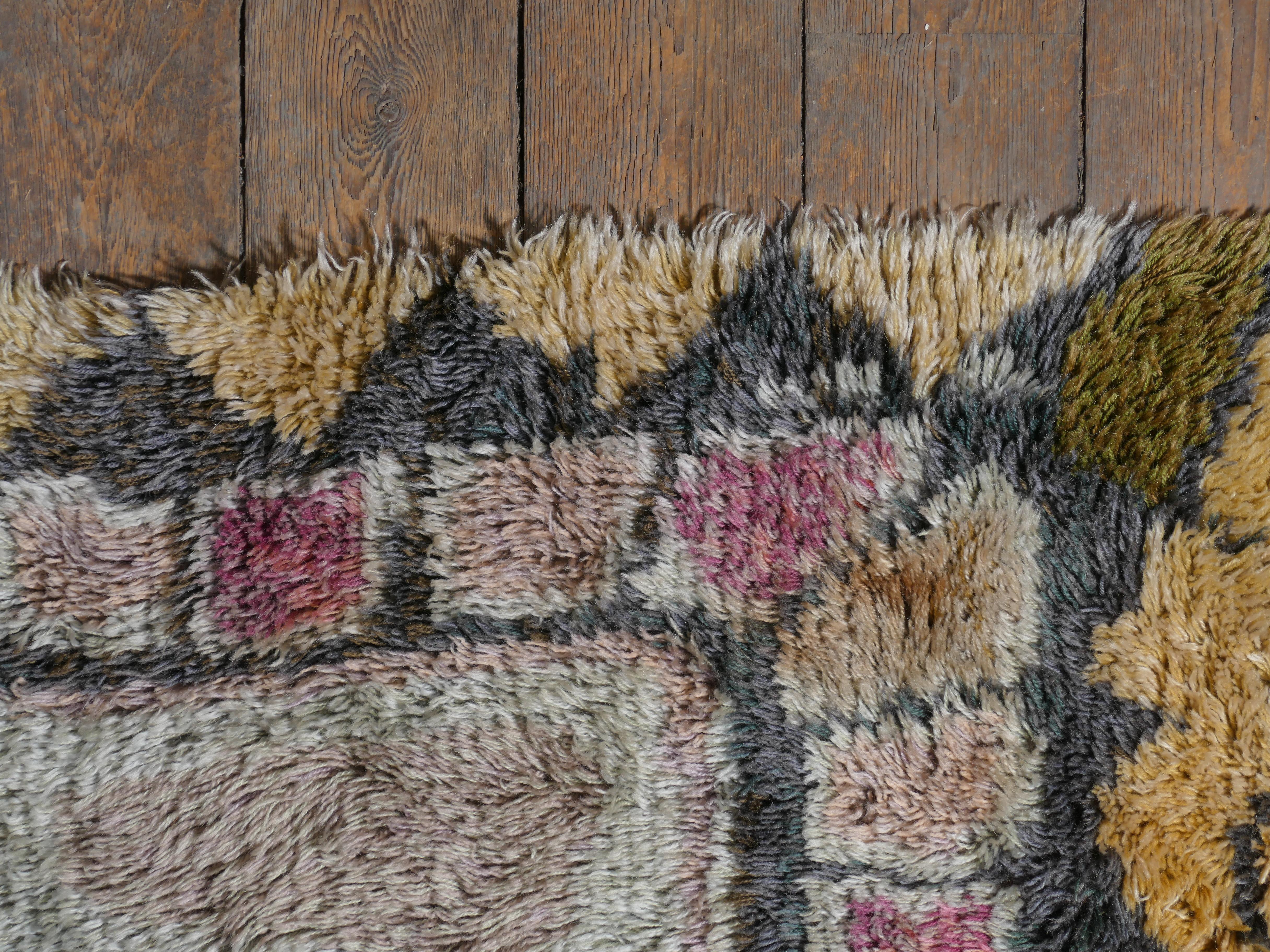 Swedish Scandinavian Modern High Pile Geometric Handmade Wool Rya Rug, Sweden 1960s For Sale