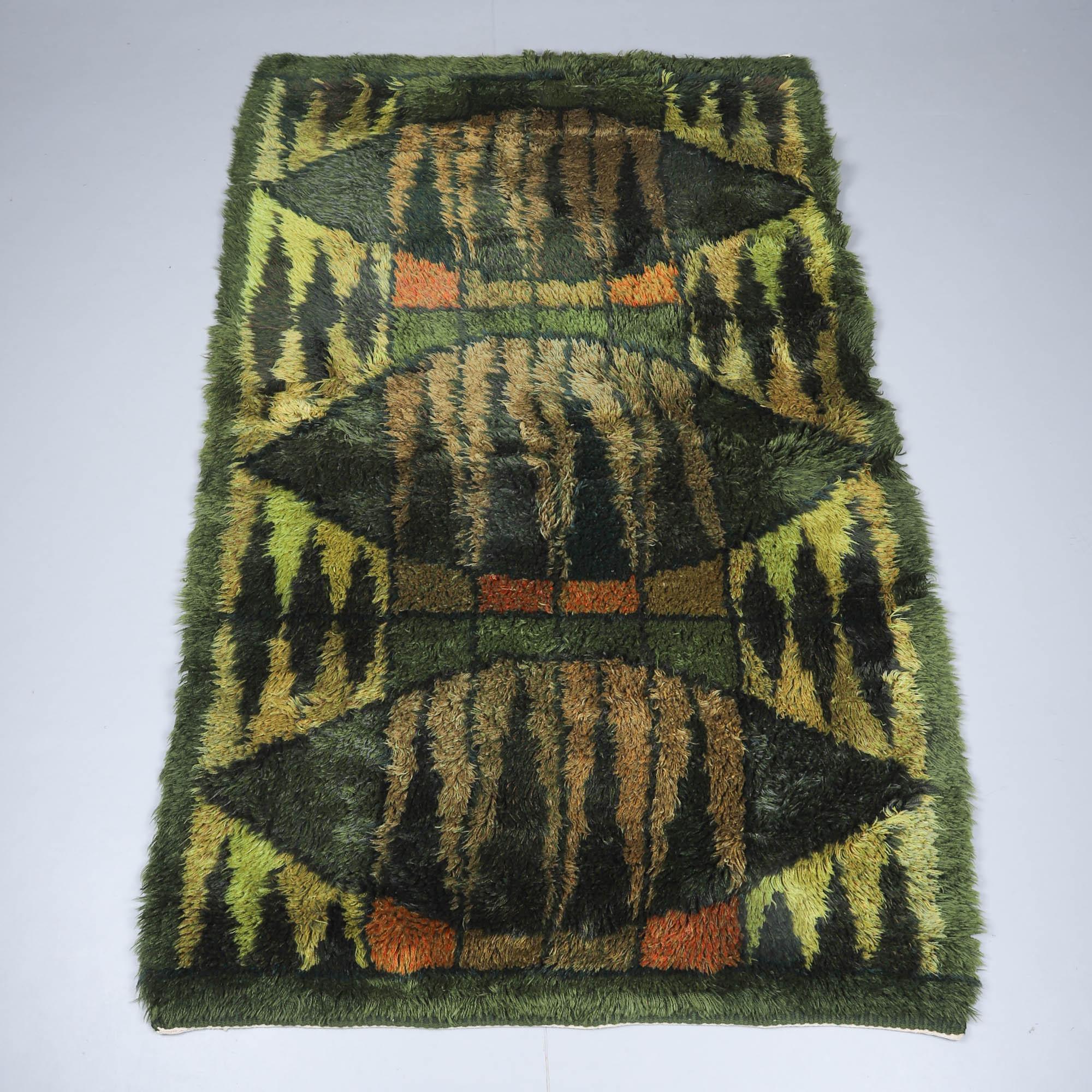Hand-Woven Scandinavian Modern High Pile Green Rya Rug, Sweden 1960s For Sale