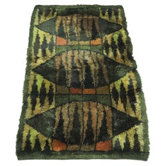 Scandinavian Modern High Pile Green Rya Rug, Sweden 1960s