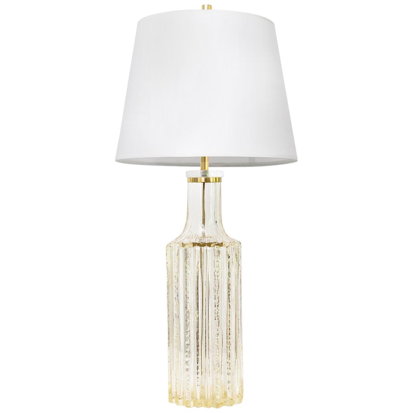 Scandinavian Modern Highly Textured Clear Glass Table Lamp with Brass Details For Sale