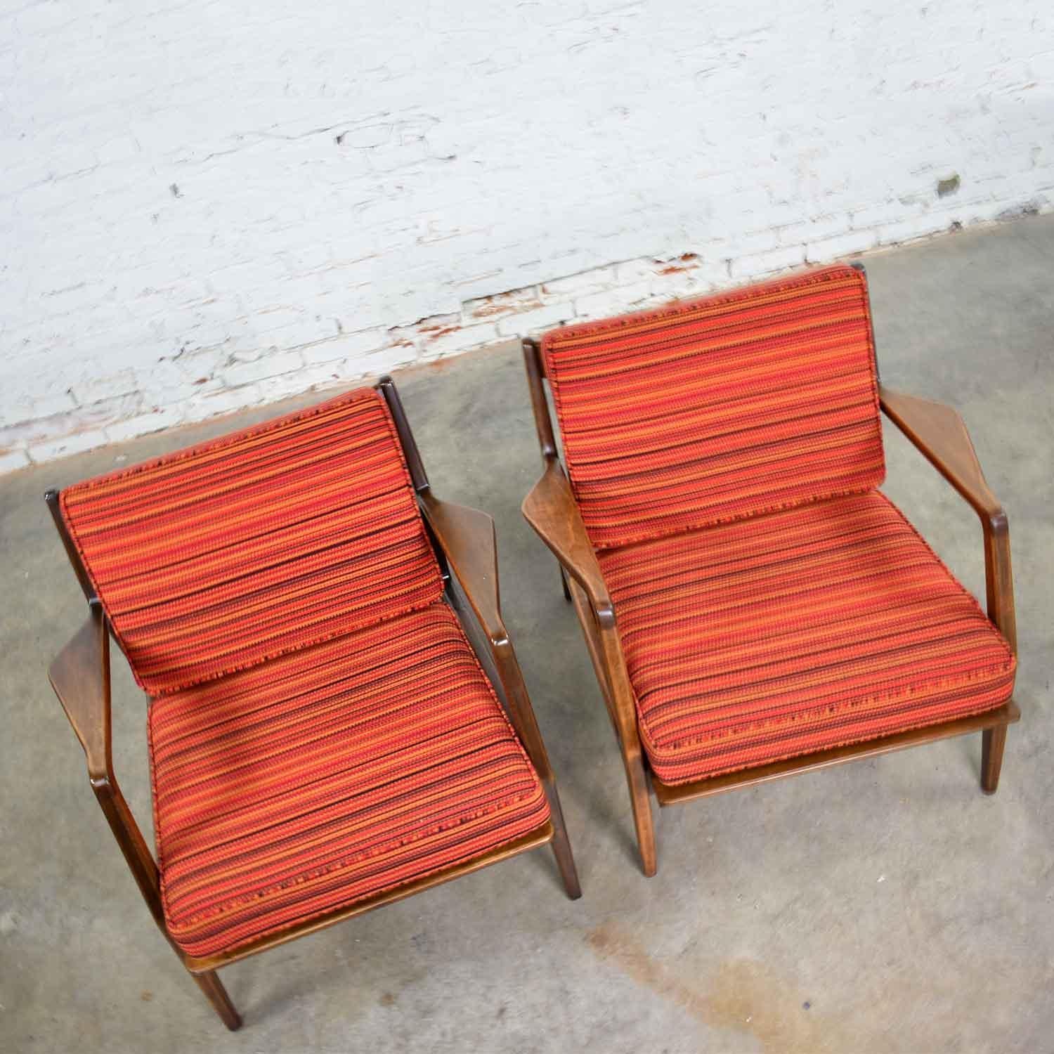 Scandinavian Modern Ib Kofod-Larsen Lounge Chairs for Selig in Red Stripe Fabric 8