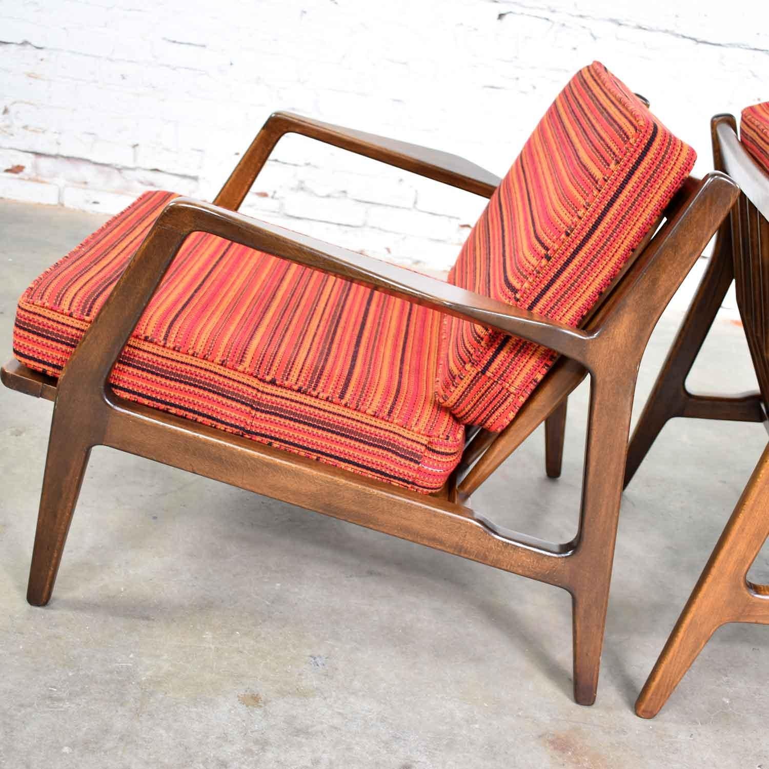 Scandinavian Modern Ib Kofod-Larsen Lounge Chairs for Selig in Red Stripe Fabric 9