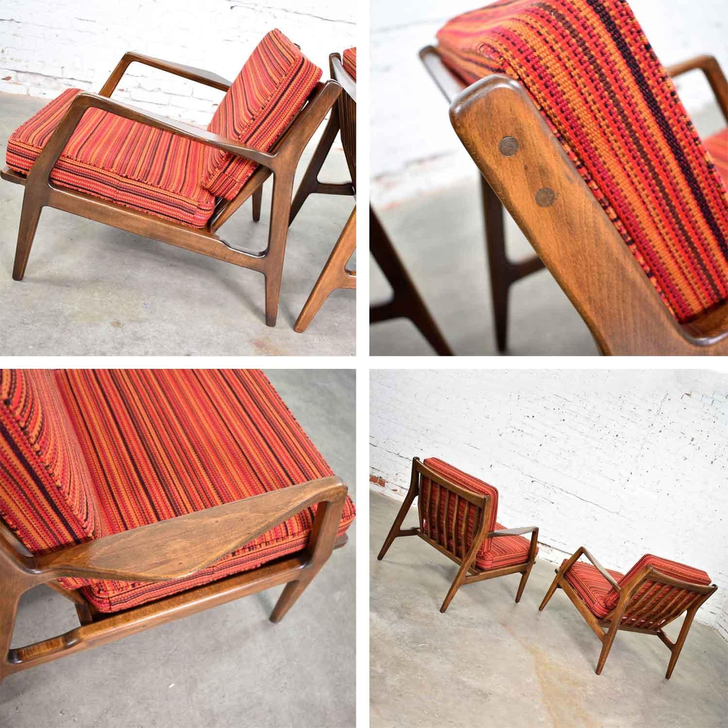 Scandinavian Modern Ib Kofod-Larsen Lounge Chairs for Selig in Red Stripe Fabric 15