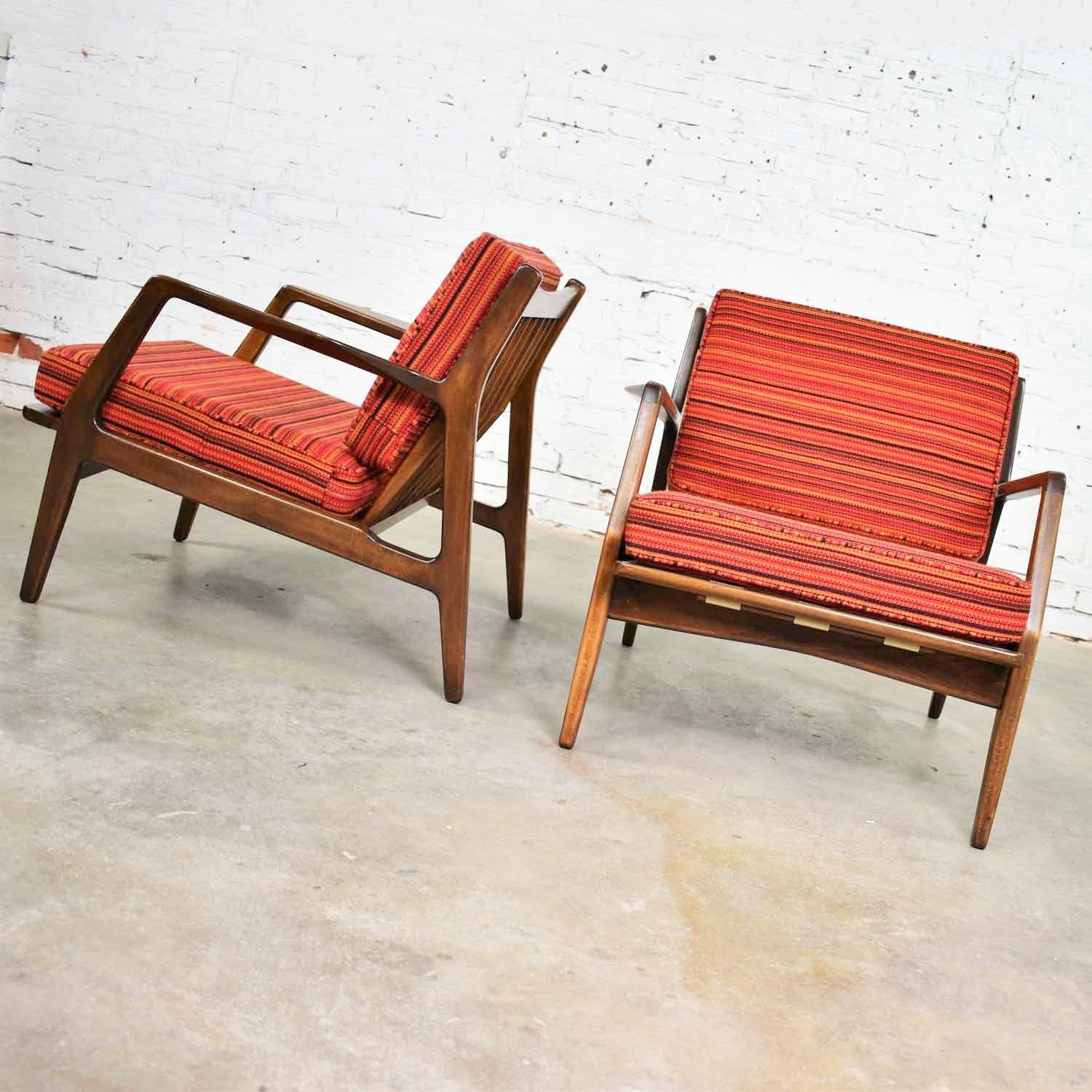 Danish Scandinavian Modern Ib Kofod-Larsen Lounge Chairs for Selig in Red Stripe Fabric