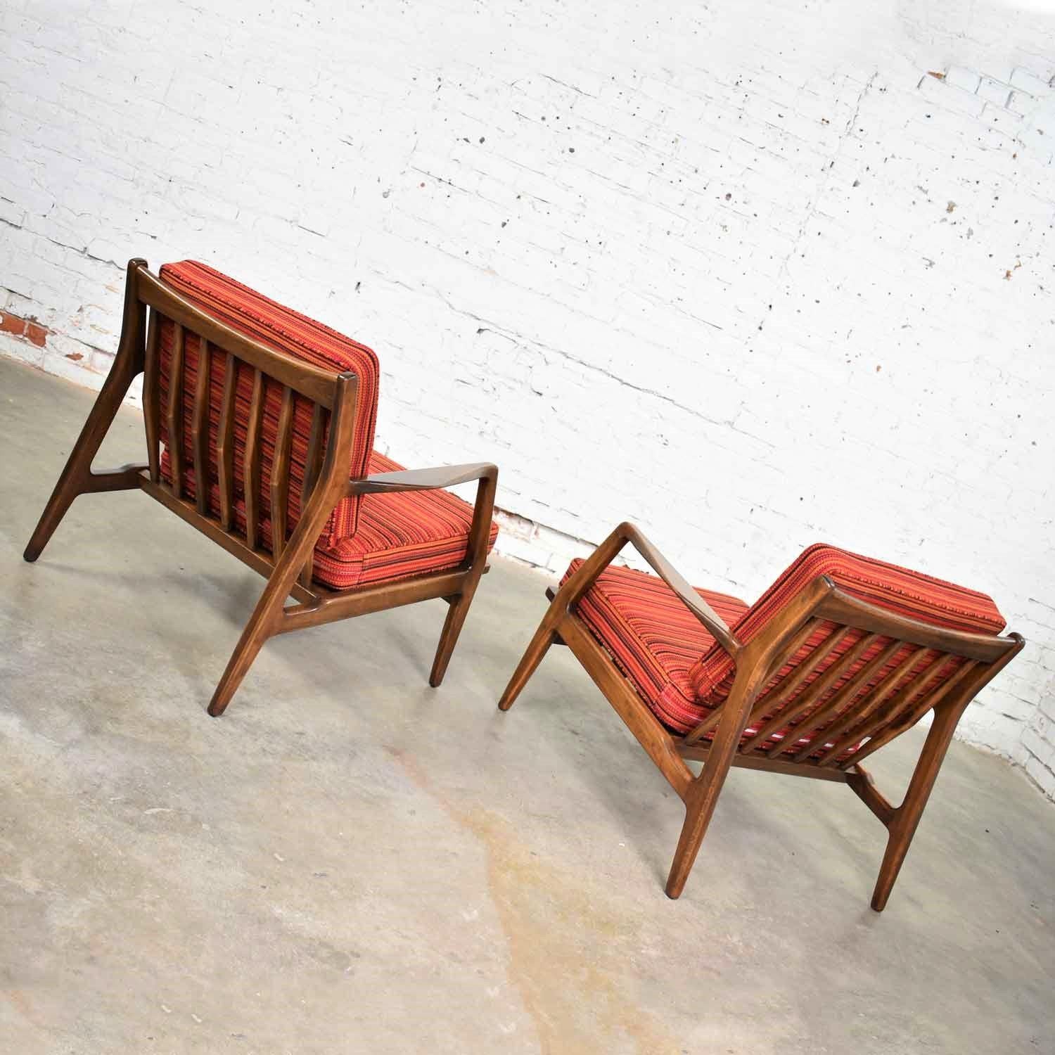20th Century Scandinavian Modern Ib Kofod-Larsen Lounge Chairs for Selig in Red Stripe Fabric