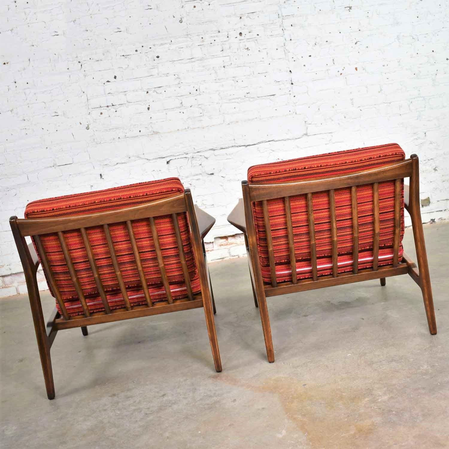 Scandinavian Modern Ib Kofod-Larsen Lounge Chairs for Selig in Red Stripe Fabric 1