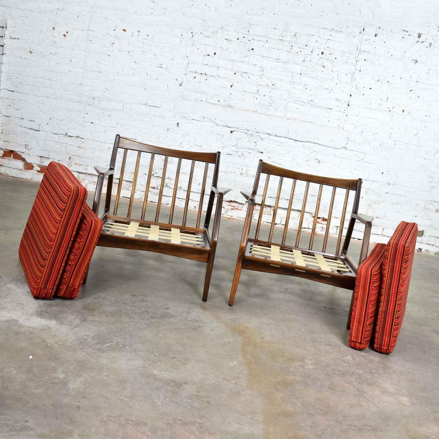 Scandinavian Modern Ib Kofod-Larsen Lounge Chairs for Selig in Red Stripe Fabric 3