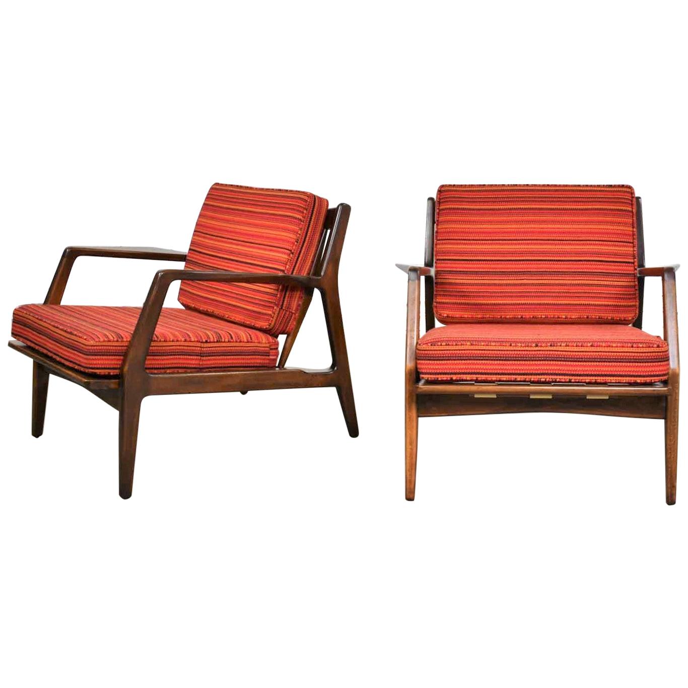 Scandinavian Modern Ib Kofod-Larsen Lounge Chairs for Selig in Red Stripe Fabric