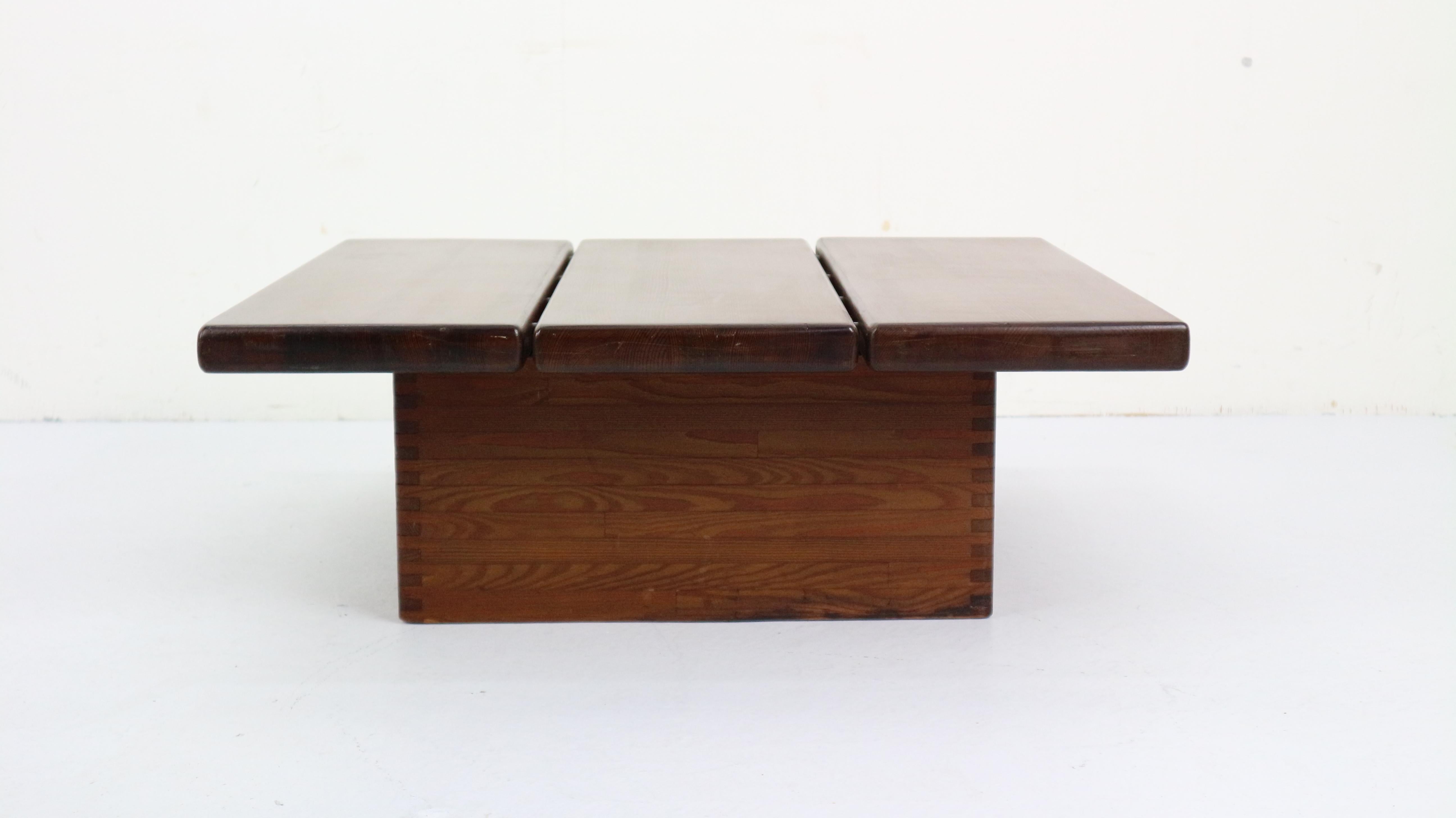 Ilmari Tapiovaara for Laukaan Puu, coffee table, stained pine, Finland, 1950s.

This pine coffee table is modest and simple in its design and therefore breaths the feeling of Nordic design. This means that it is well-constructed as can be seen in