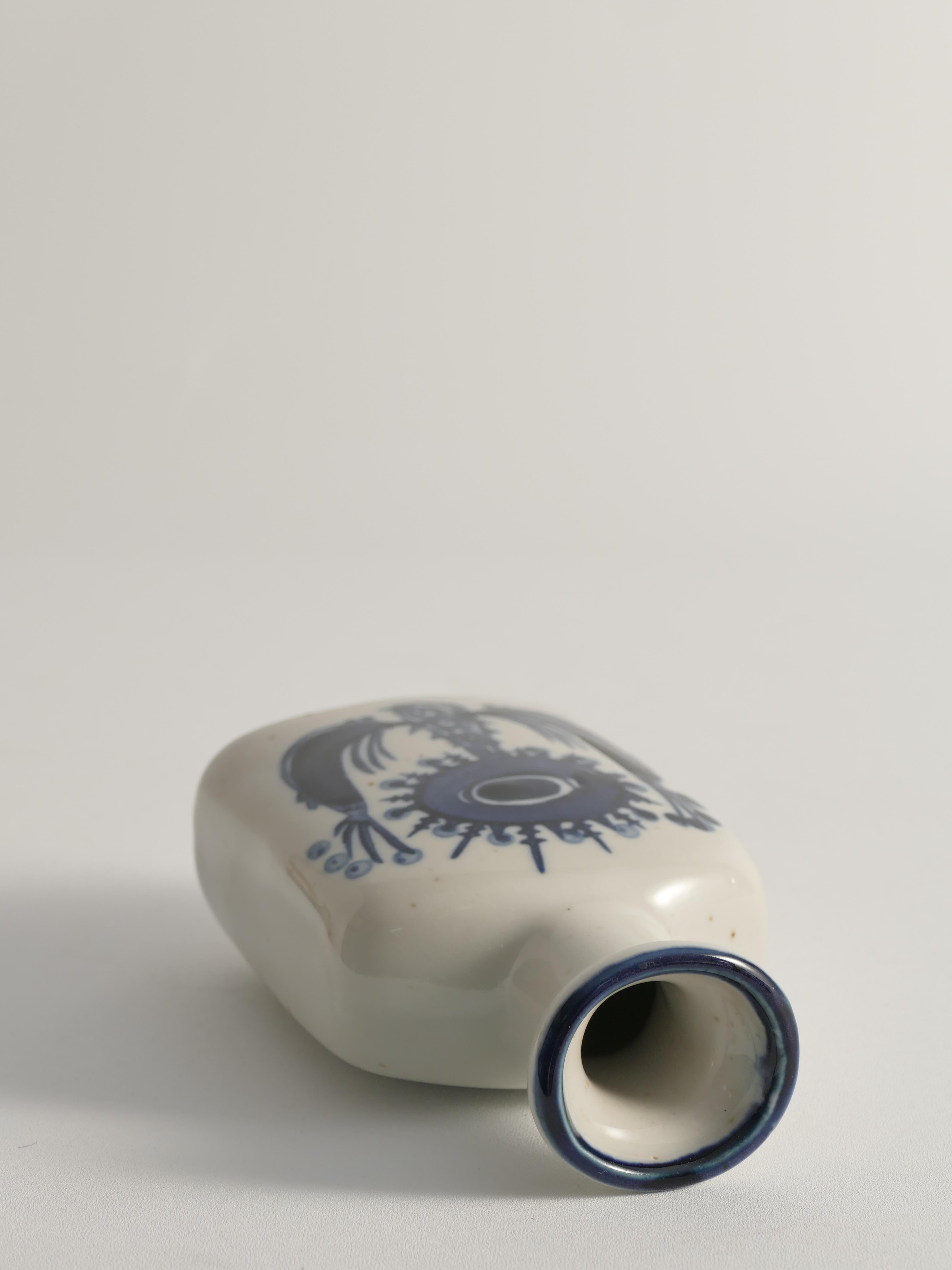 Scandinavian Modern Indigo Blue Flower Motif Stoneware Vase  For Sale 7