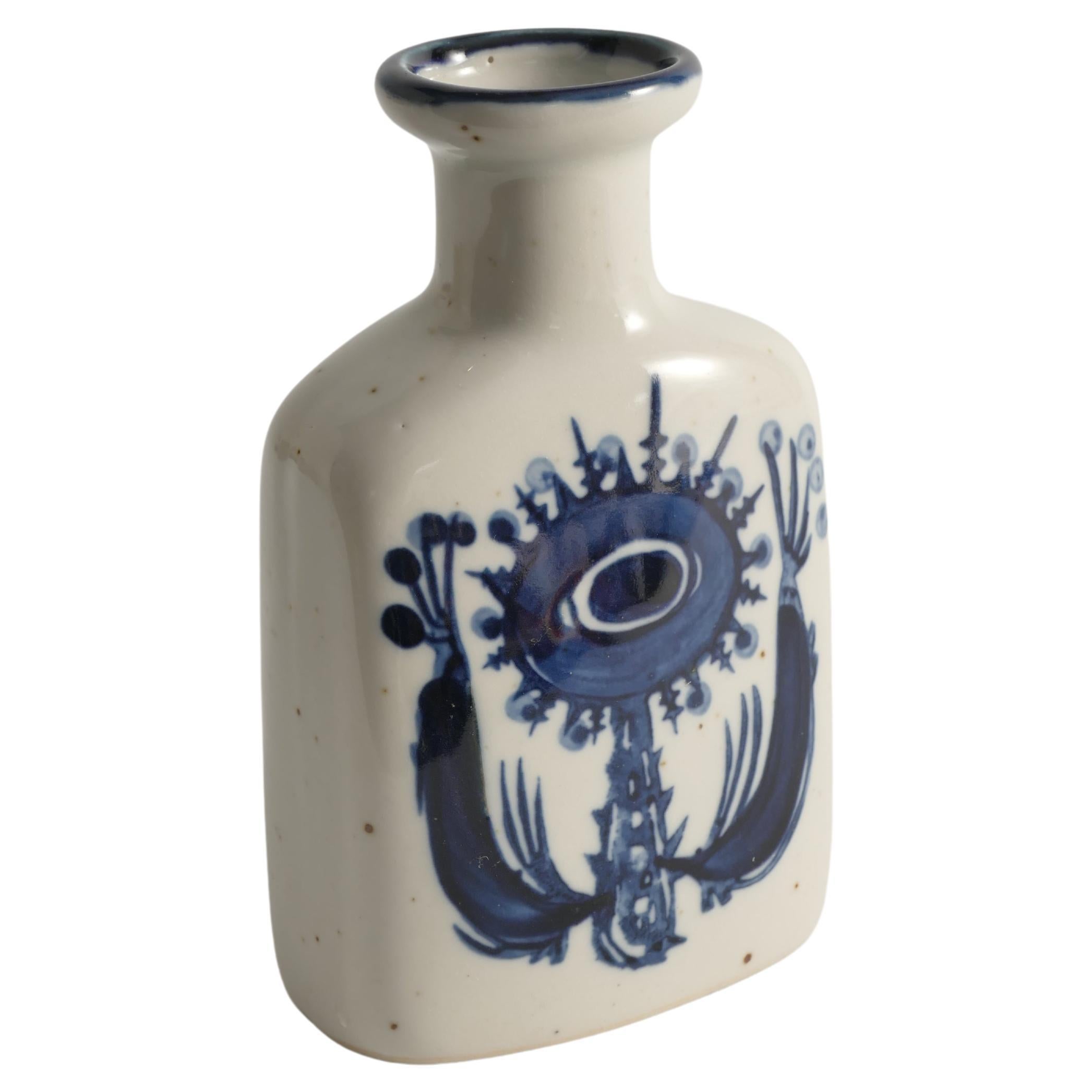 Danish Scandinavian Modern Blue Flower Motif Stoneware Vase Attributed to Berte Jessen