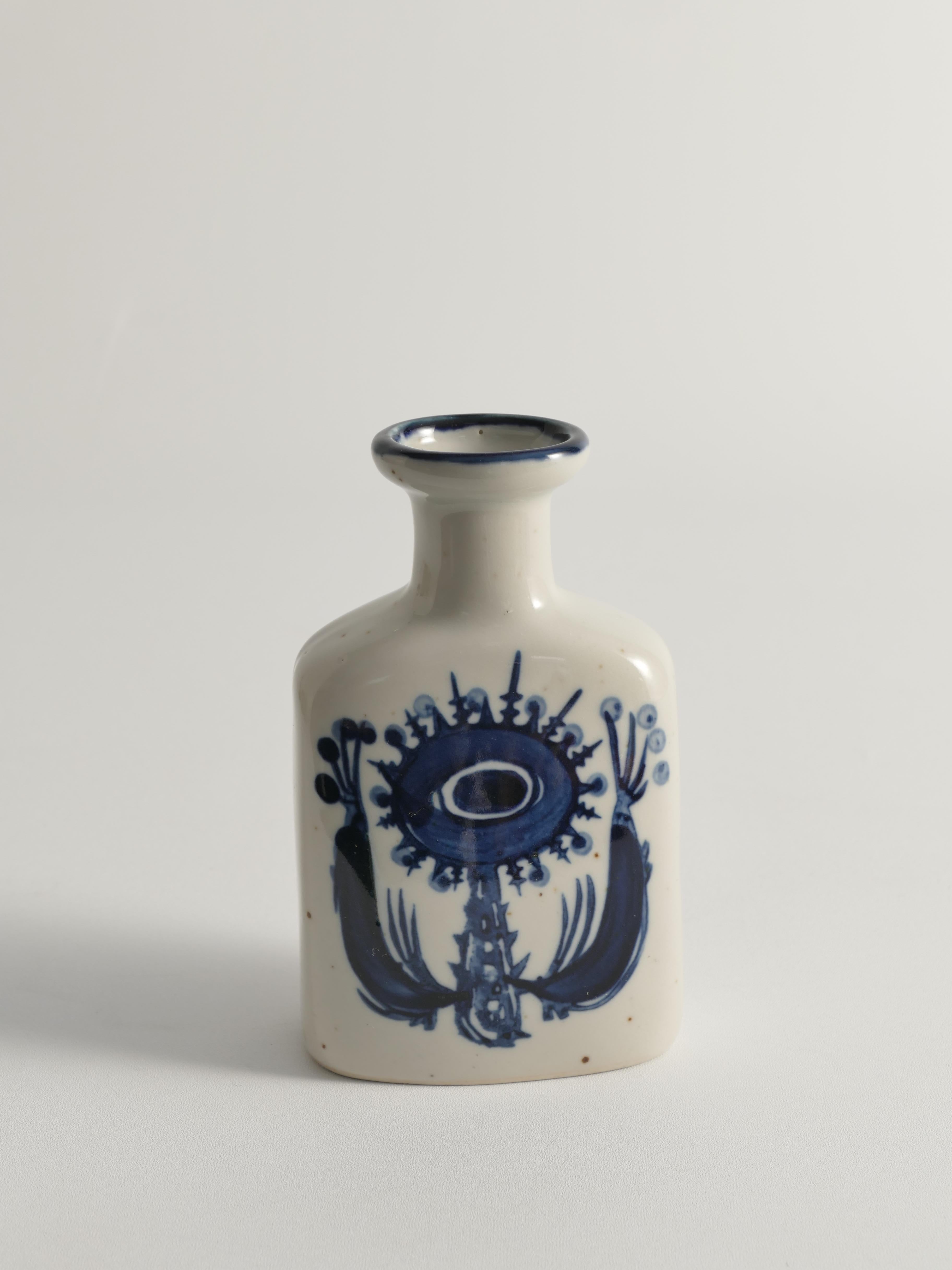Danish Scandinavian Modern Indigo Blue Flower Motif Stoneware Vase  For Sale