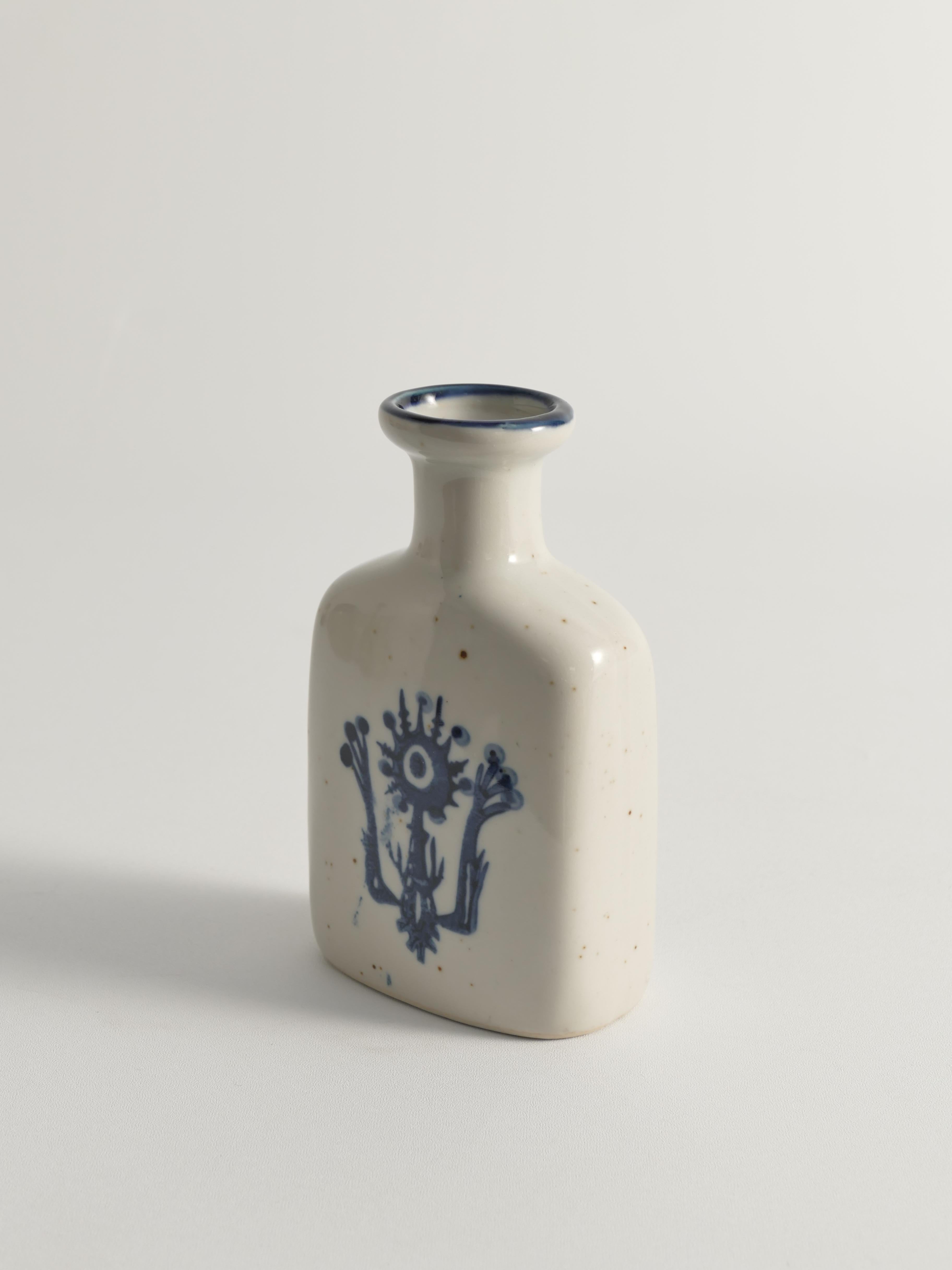 Late 20th Century Scandinavian Modern Indigo Blue Flower Motif Stoneware Vase  For Sale