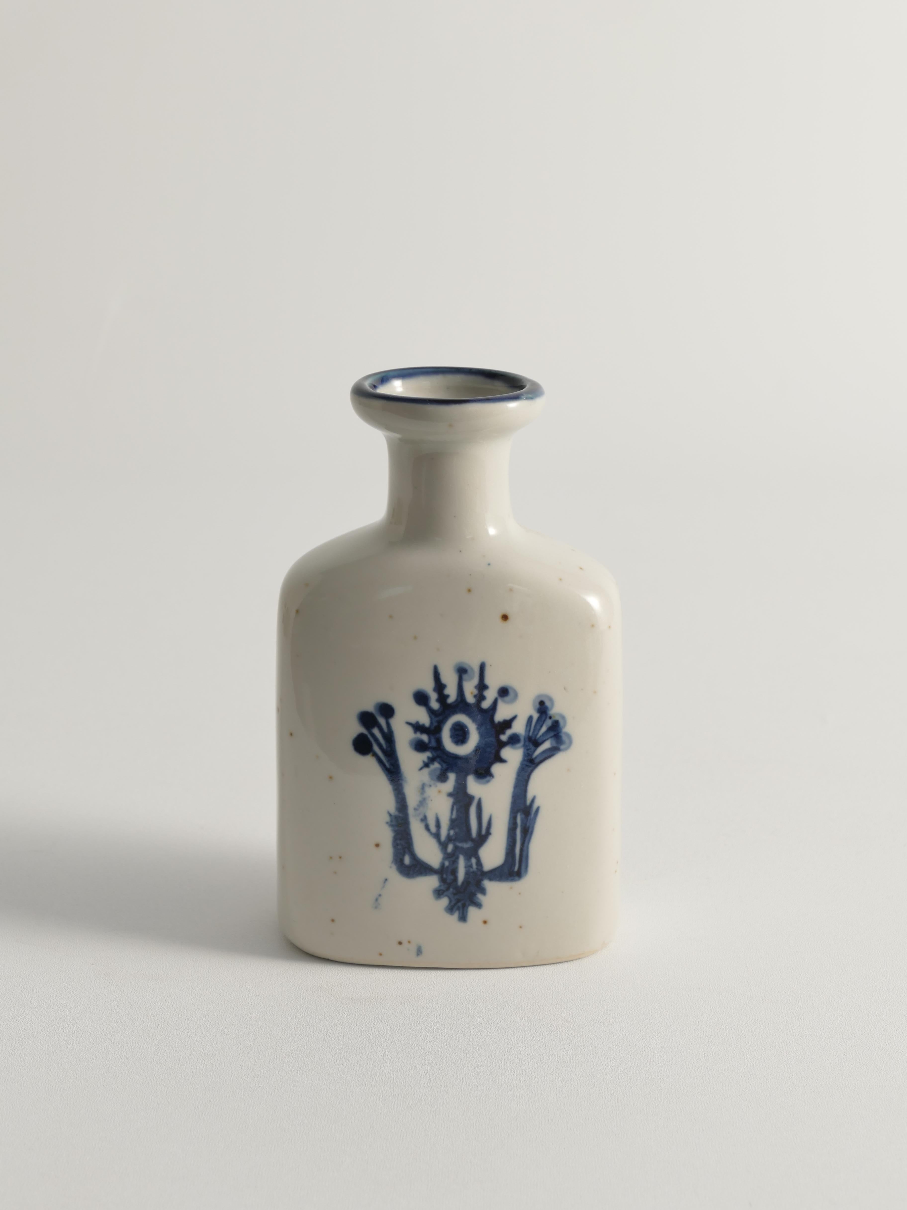 Scandinavian Modern Indigo Blue Flower Motif Stoneware Vase  For Sale 1