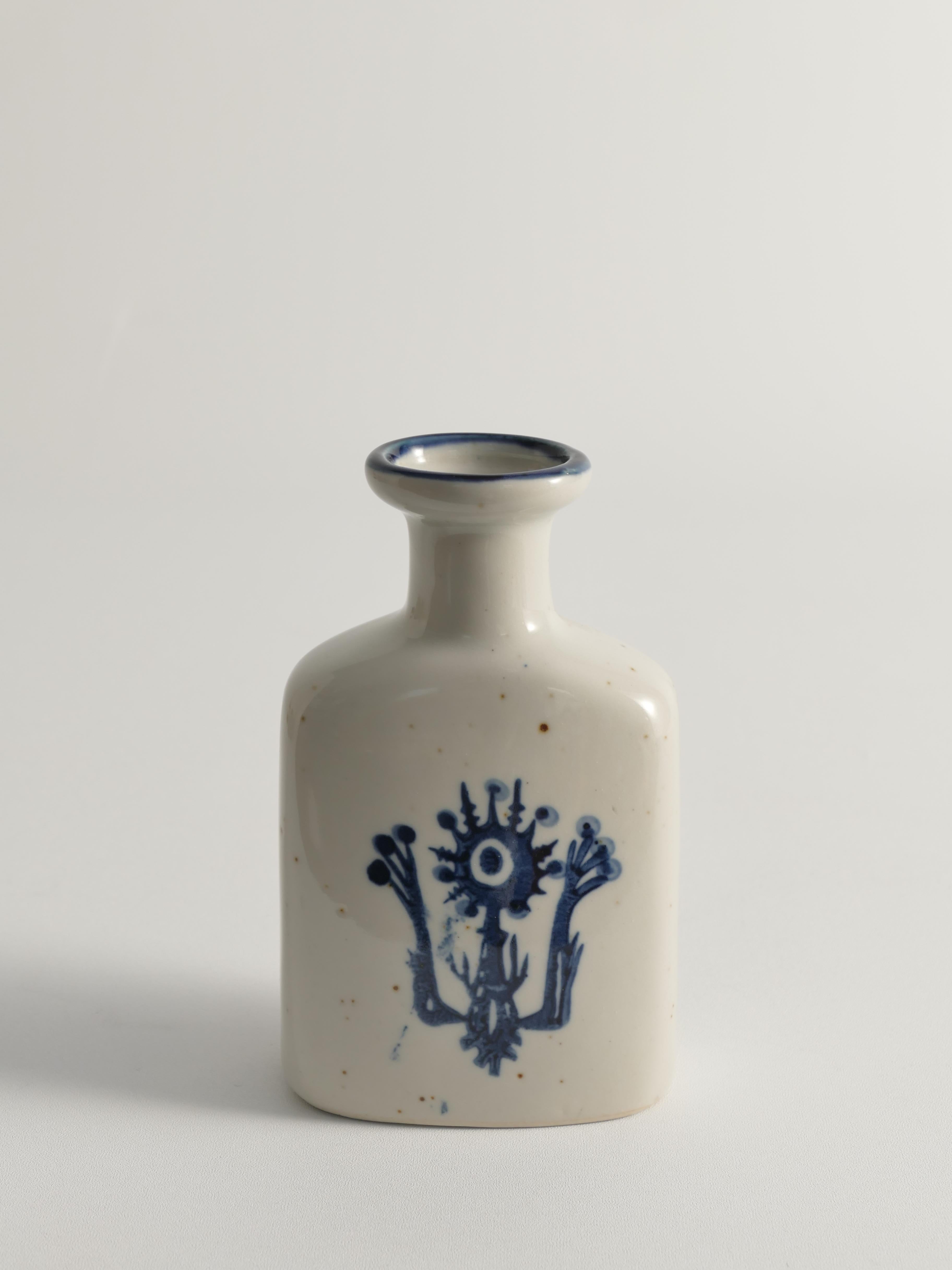 Scandinavian Modern Indigo Blue Flower Motif Stoneware Vase  For Sale 2