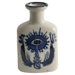 Scandinavian Modern Indigo Blue Flower Motif Stoneware Vase 