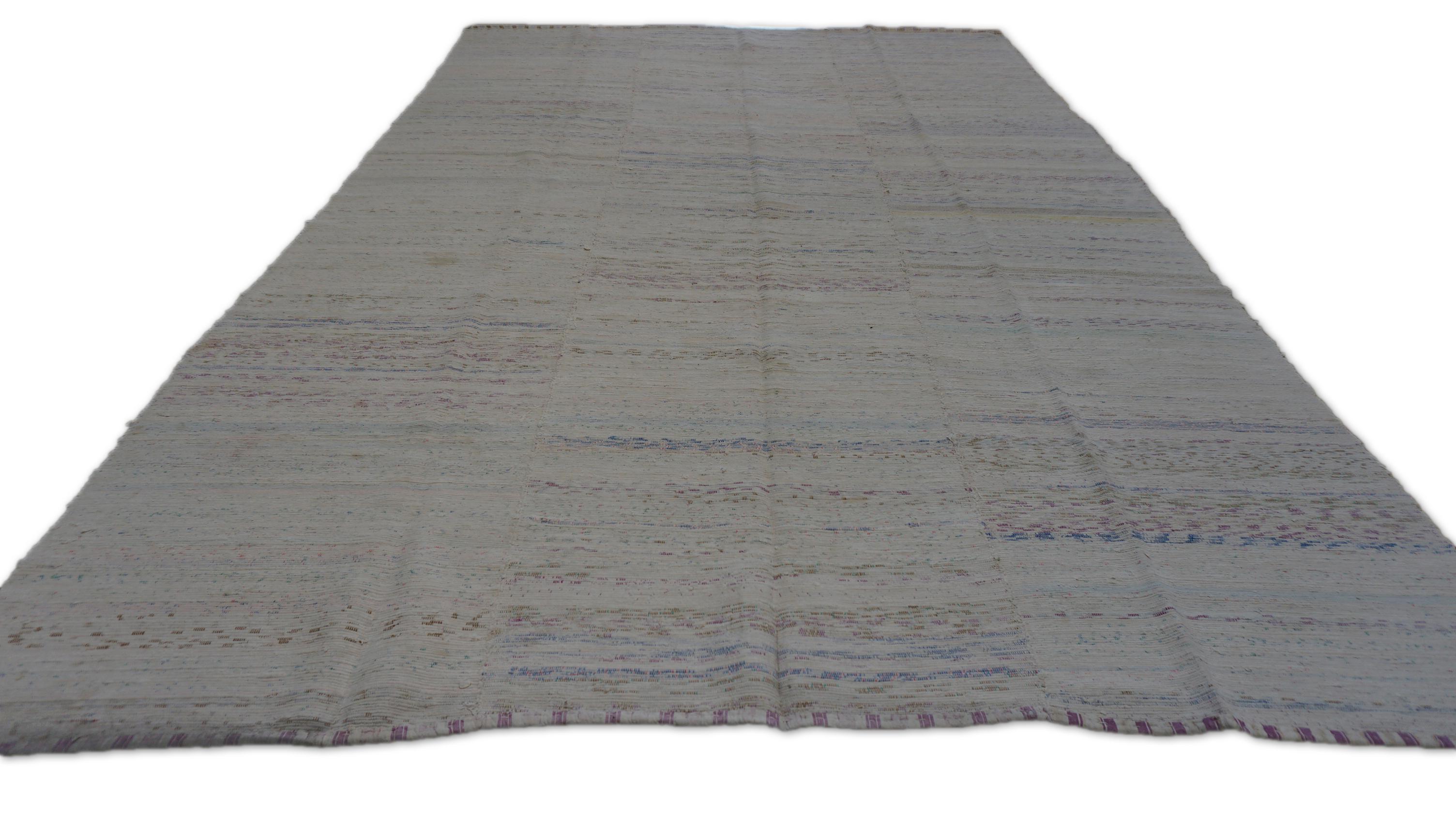 Turkish Scandinavian Modern Ivory Multi Colored Wool Kilim 6'10''x10'10'' For Sale