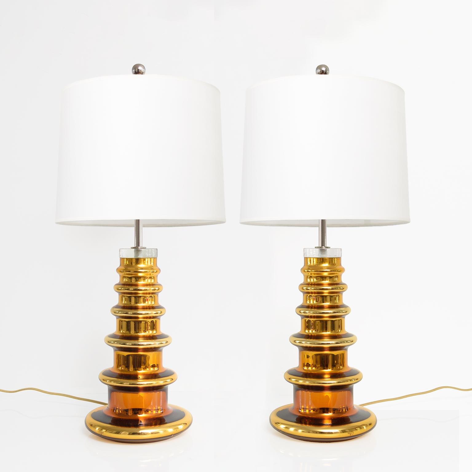 Johansfors pair of gold mercury glass lamps, Sweden. 1960. New chromed metal double clusters with standard base sockets and stem hardware. Newly wired for use in USA. Shades not included. 

Overall H: 26”-28