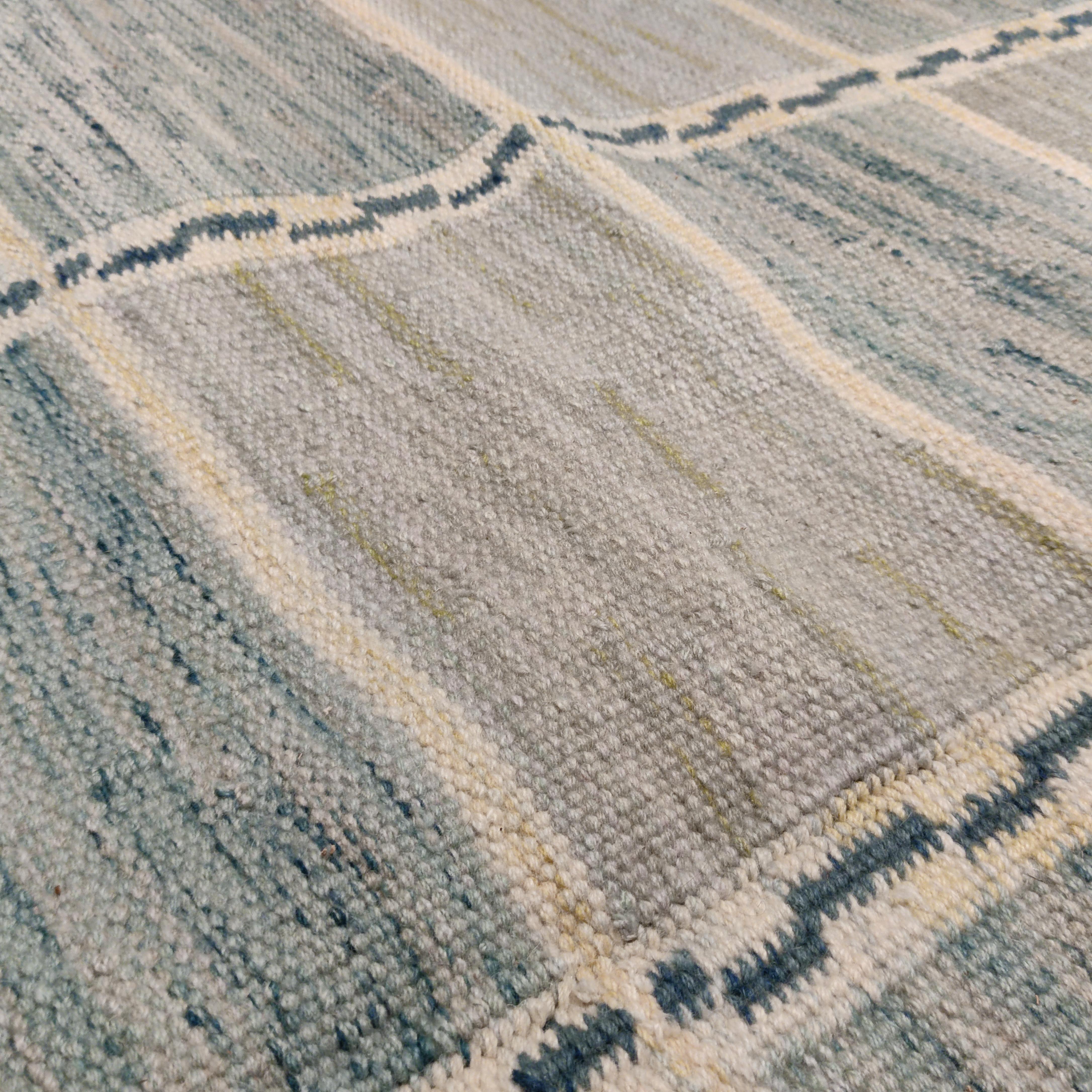 Hand-Woven Scandinavian Modern Kilim Carpet in Teal Green and Aqua Blue For Sale