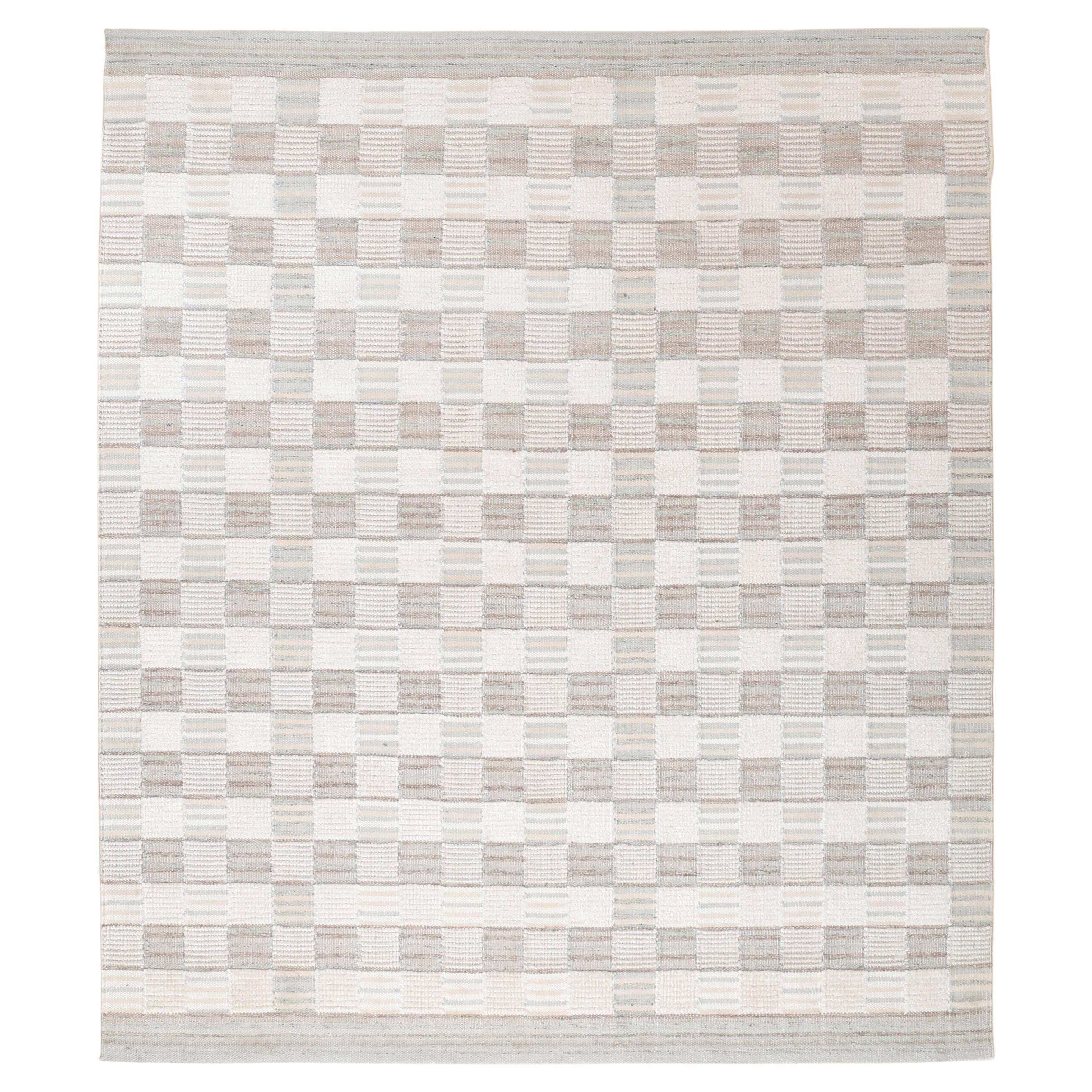 Tapis Kilim scandinave moderne en blanc, taupe et gris clair