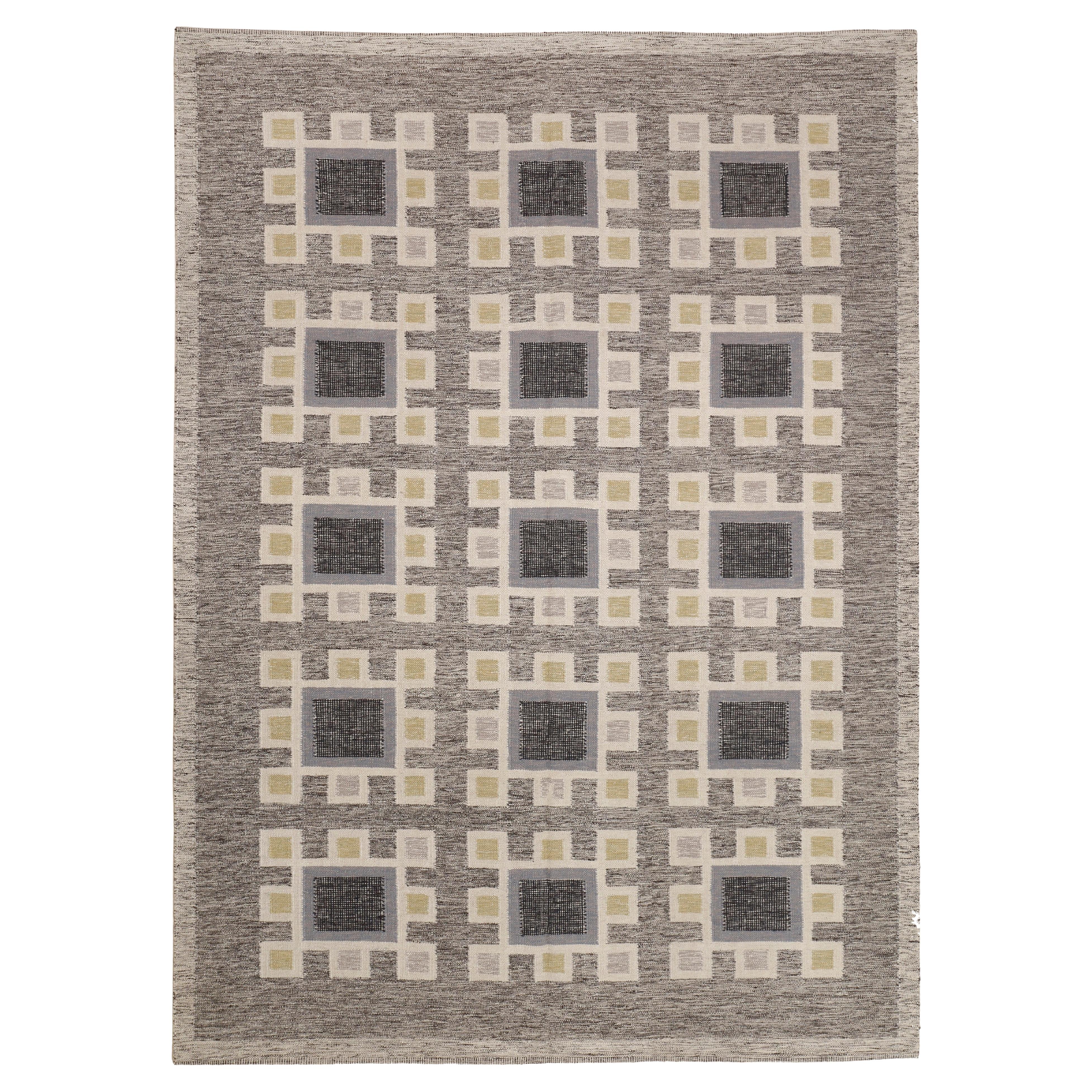 Skandinavischer moderner Kelim-Teppich in Weiß, Schwarz und Hellgrau 10 x 14 im Angebot