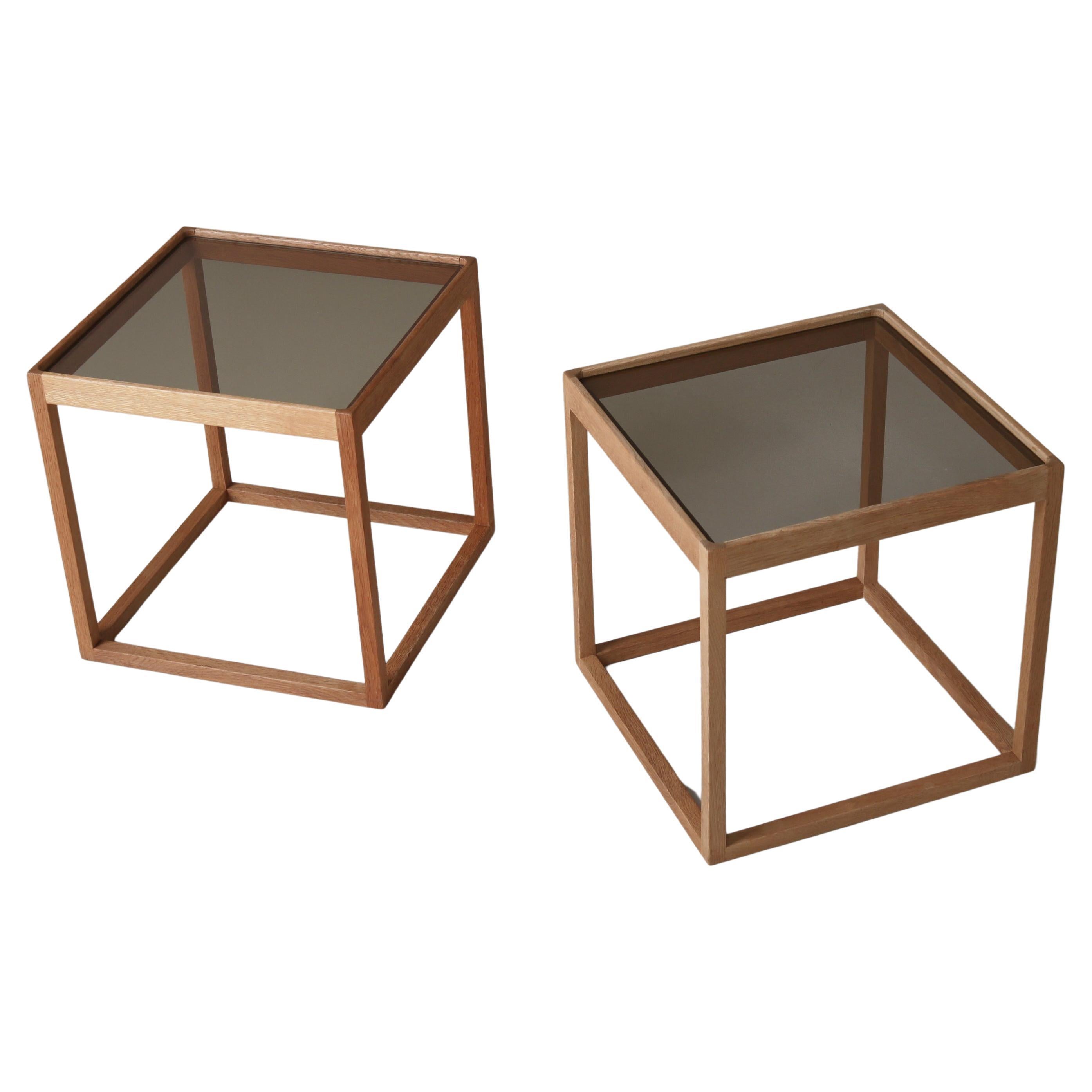 Scandinavian Modern Kurt Østervig Cubic Side Tables, Oak & Glass, 1960s