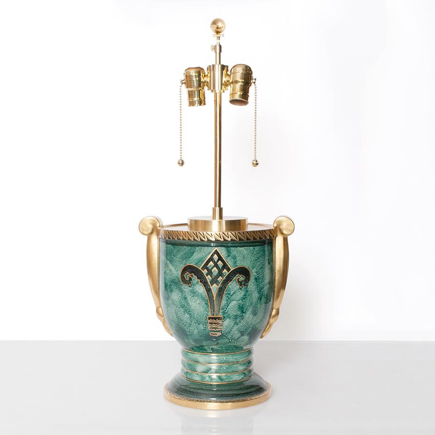 Glazed Scandinavian Modern Lamp in Luster Glaze and Hand-Decorated in Gold