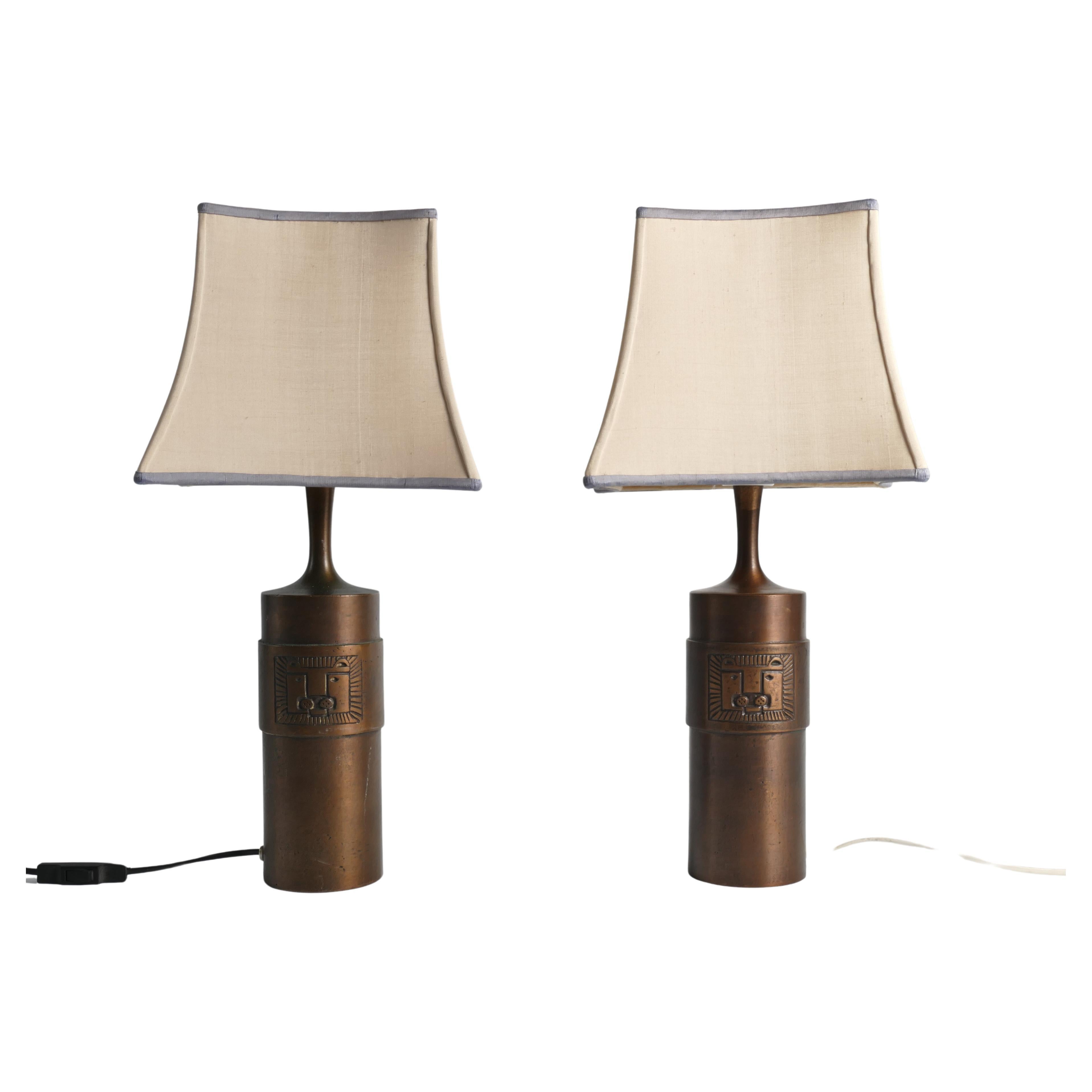Scandinavian Modern Lion Relief Bronze Table Lamps by Stig Blomberg, Set of 2 For Sale