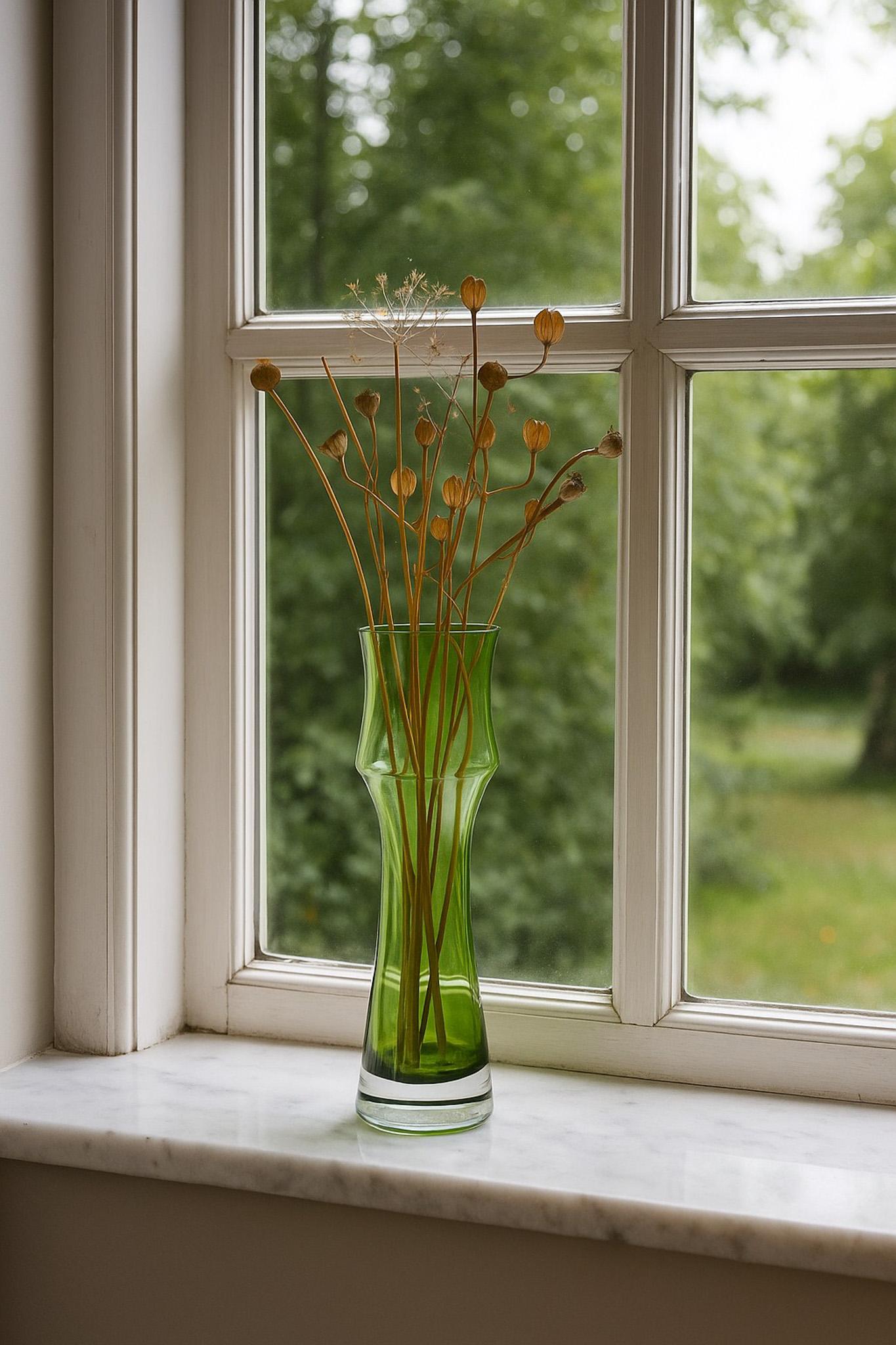 A rather large handblown sommerso vintage art glass vase made by Bo Borgström for Åseda, Sweden. This vase has a fantastic shape, yet it is the color that really makes it stand out. A fantastic emerald green with a clear base, this vase has a