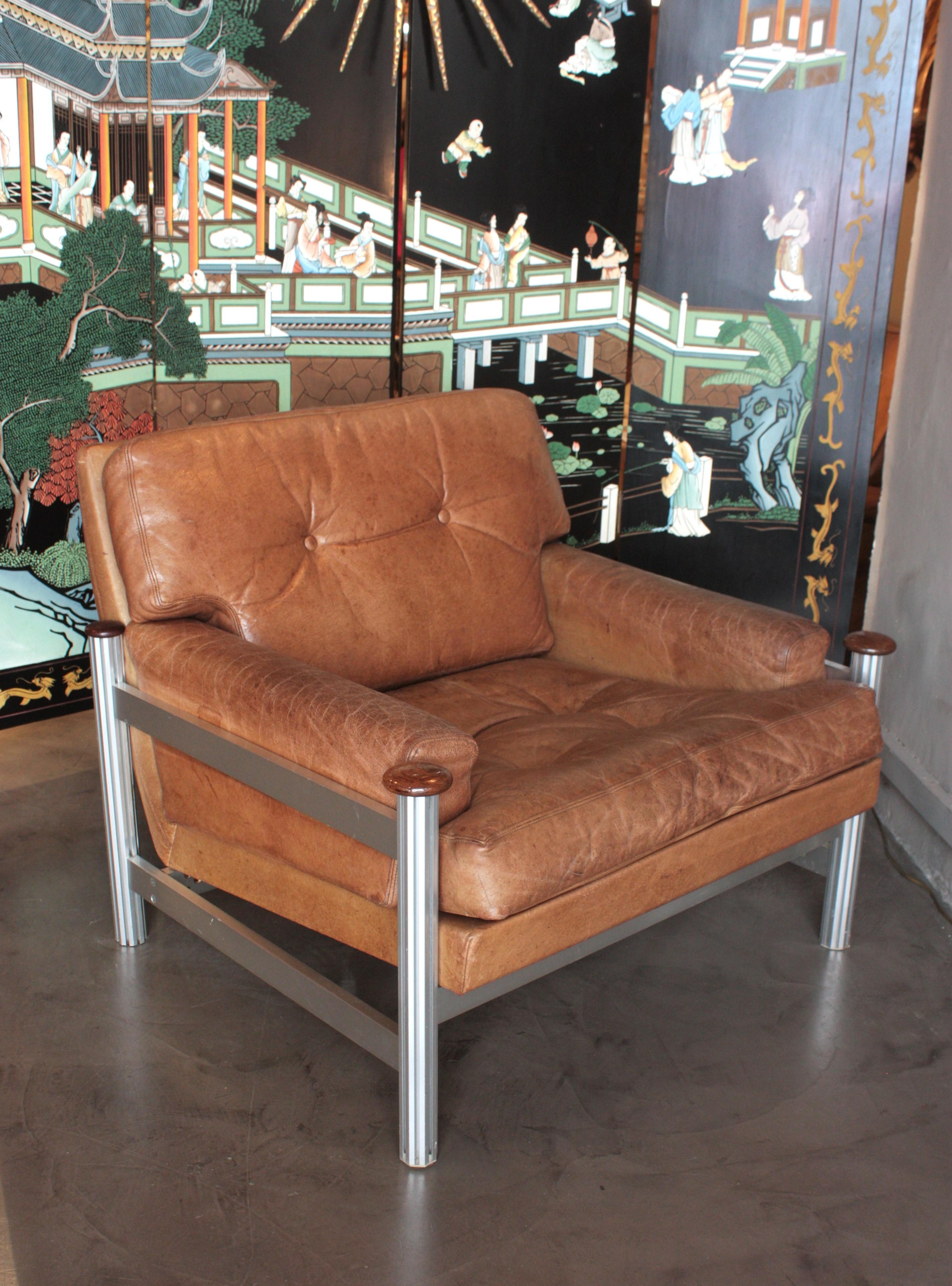 Danish Scandinavian Modern Leather and Aluminium Lounge Chair For Sale