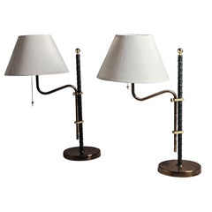Scandinavian modern leather and brass table lamps, Bergboms, Sweden, 1960s