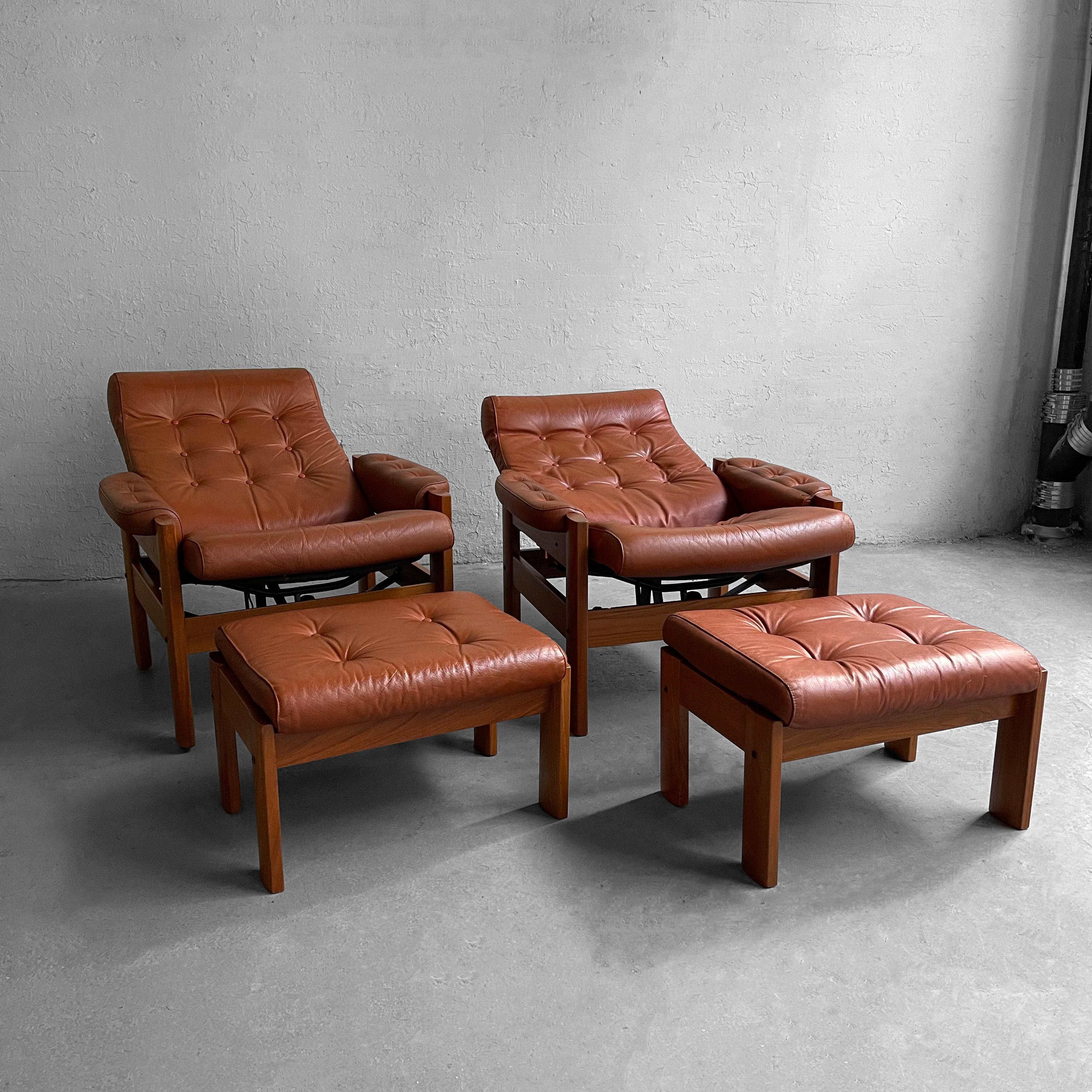 20th Century Scandinavian Modern Leather Recliners with Ottomans
