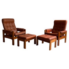 Retro Scandinavian Modern Leather Recliners with Ottomans