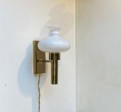 Scandinavian Modern Library Brass & Opaline Glass Wall Sconce by Vitrika