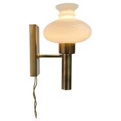 Scandinavian Modern Library Brass & Opaline Glass Wall Sconce by Vitrika