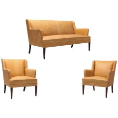 Scandinavian Modern Living Room Set in Camel Leather and Solid Frame