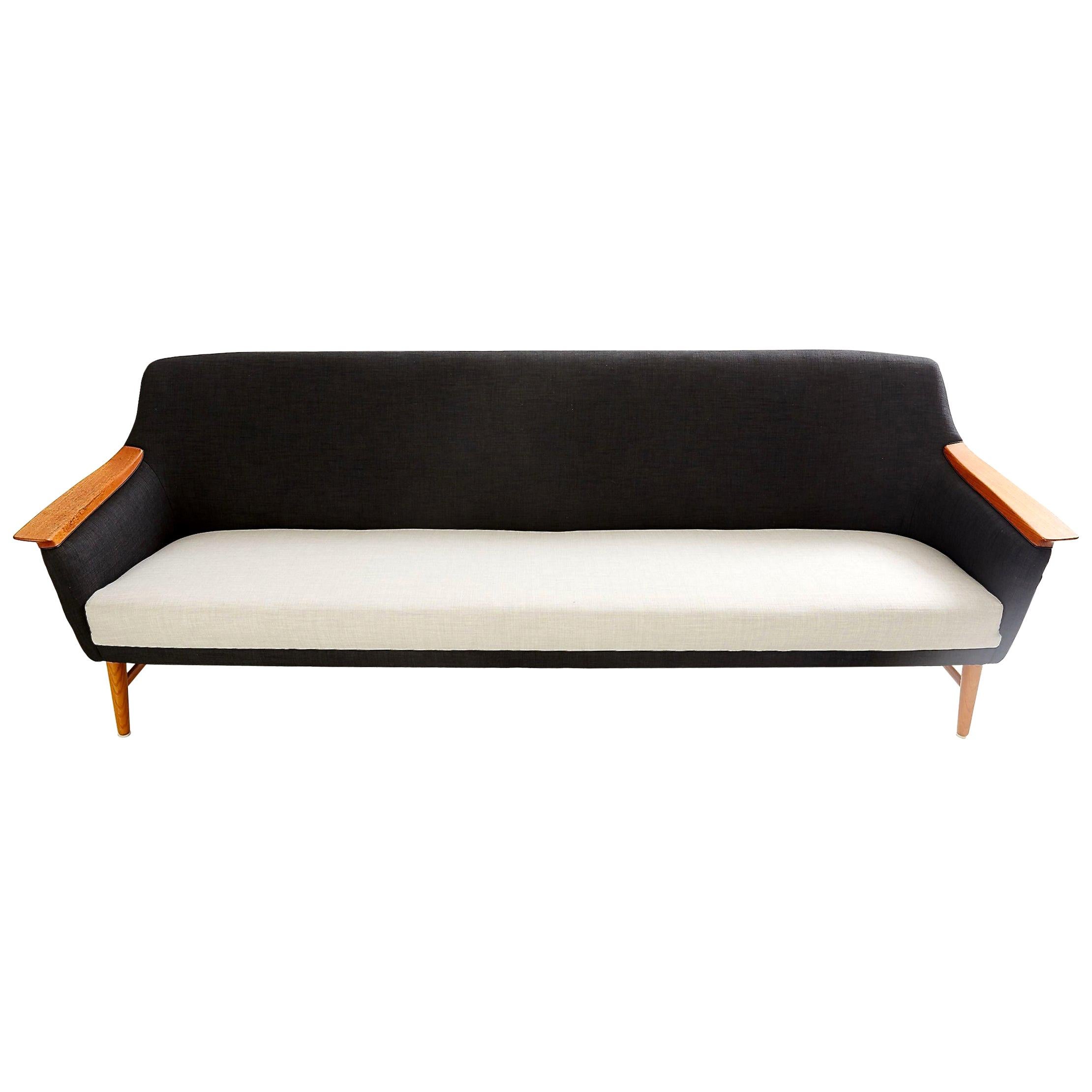 Scandinavian Modern Long Black and White Sofa with Wooden Armrests