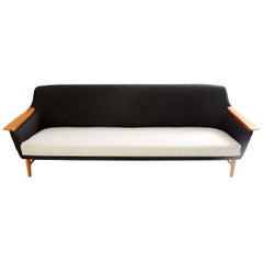 Vintage Scandinavian Modern Long Black and White Sofa with Wooden Armrests