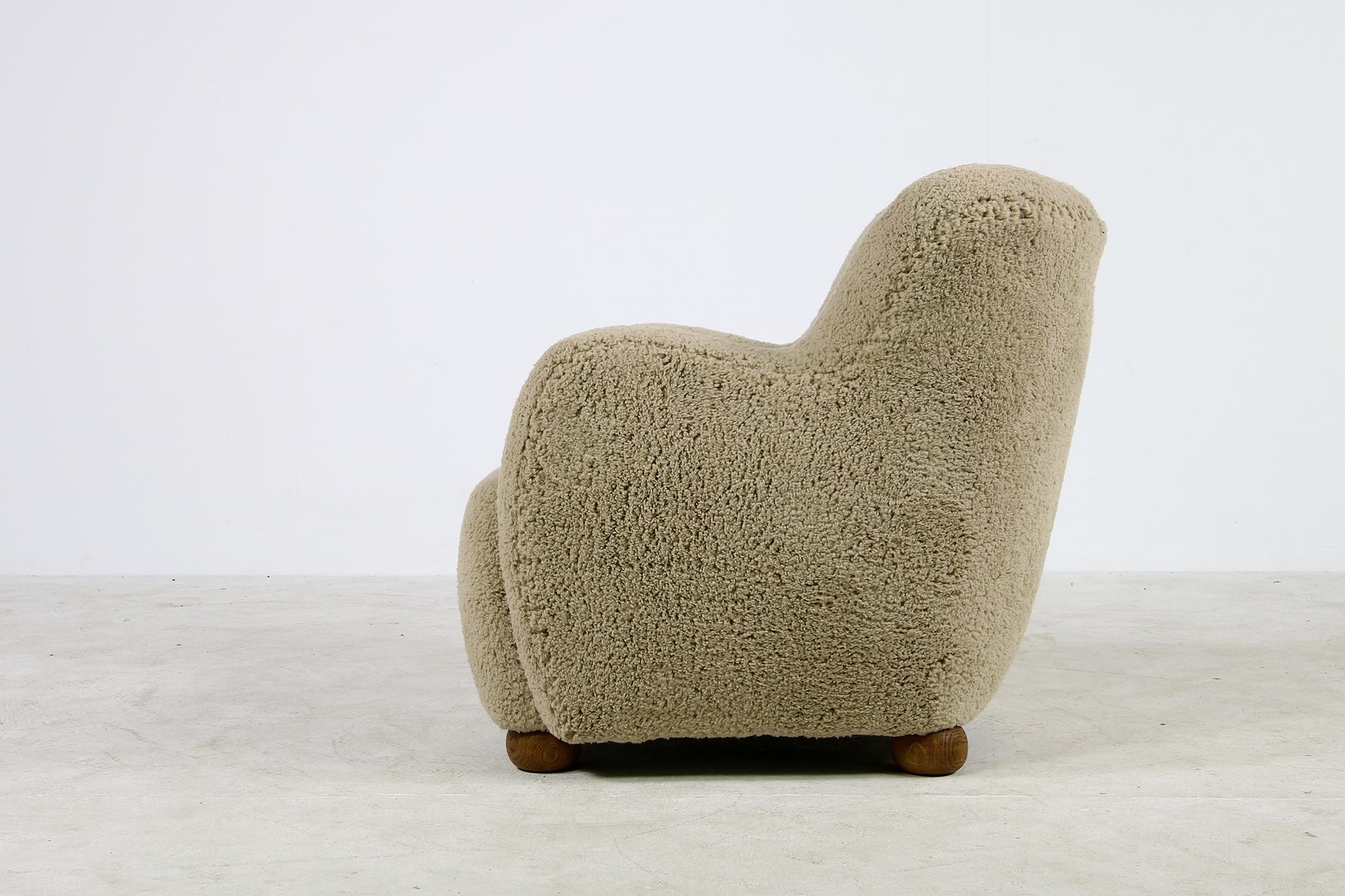 Danish Scandinavian Modern Lounge Chair 1950 Teddy Fur & Leather, Sheepskin, Denmark B