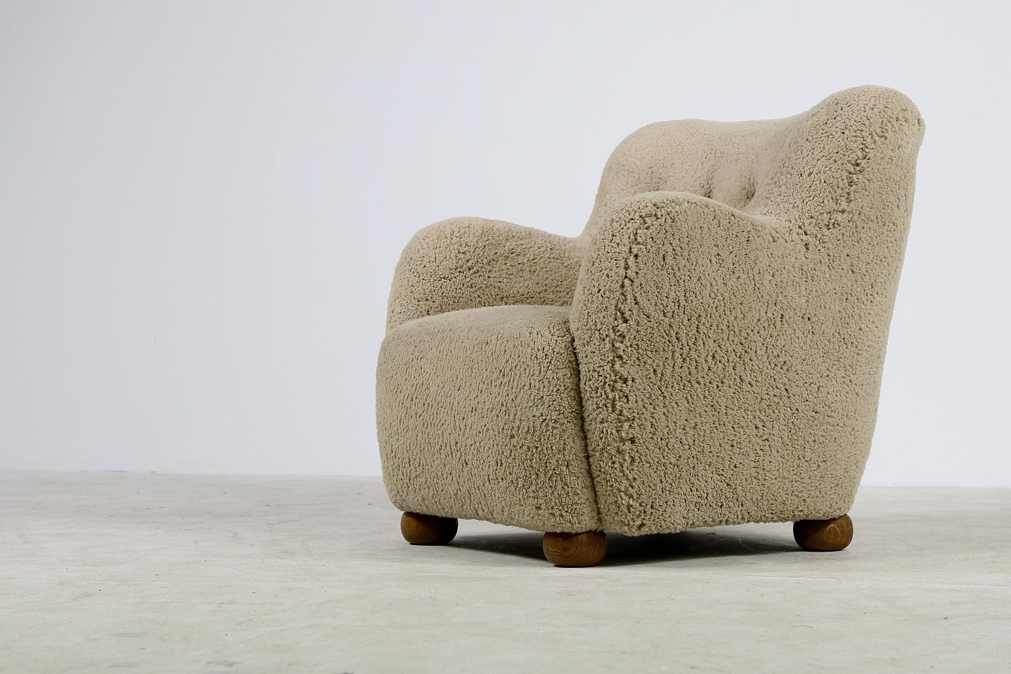 20th Century Scandinavian Modern Lounge Chair 1950 Teddy Fur & Leather, Sheepskin, Denmark B