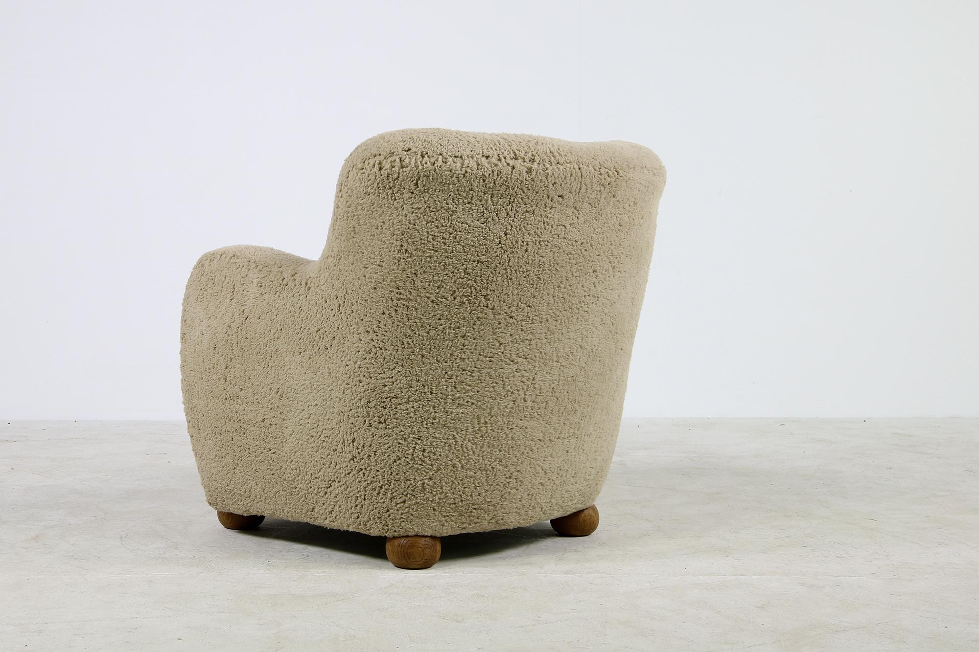 Scandinavian Modern Lounge Chair 1950 Teddy Fur & Leather, Sheepskin, Denmark B 1