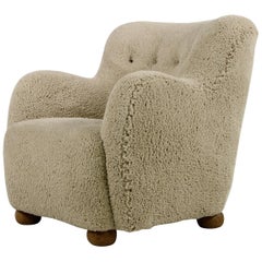 Scandinavian Modern Lounge Chair 1950 Teddy Fur & Leather, Sheepskin, Denmark B