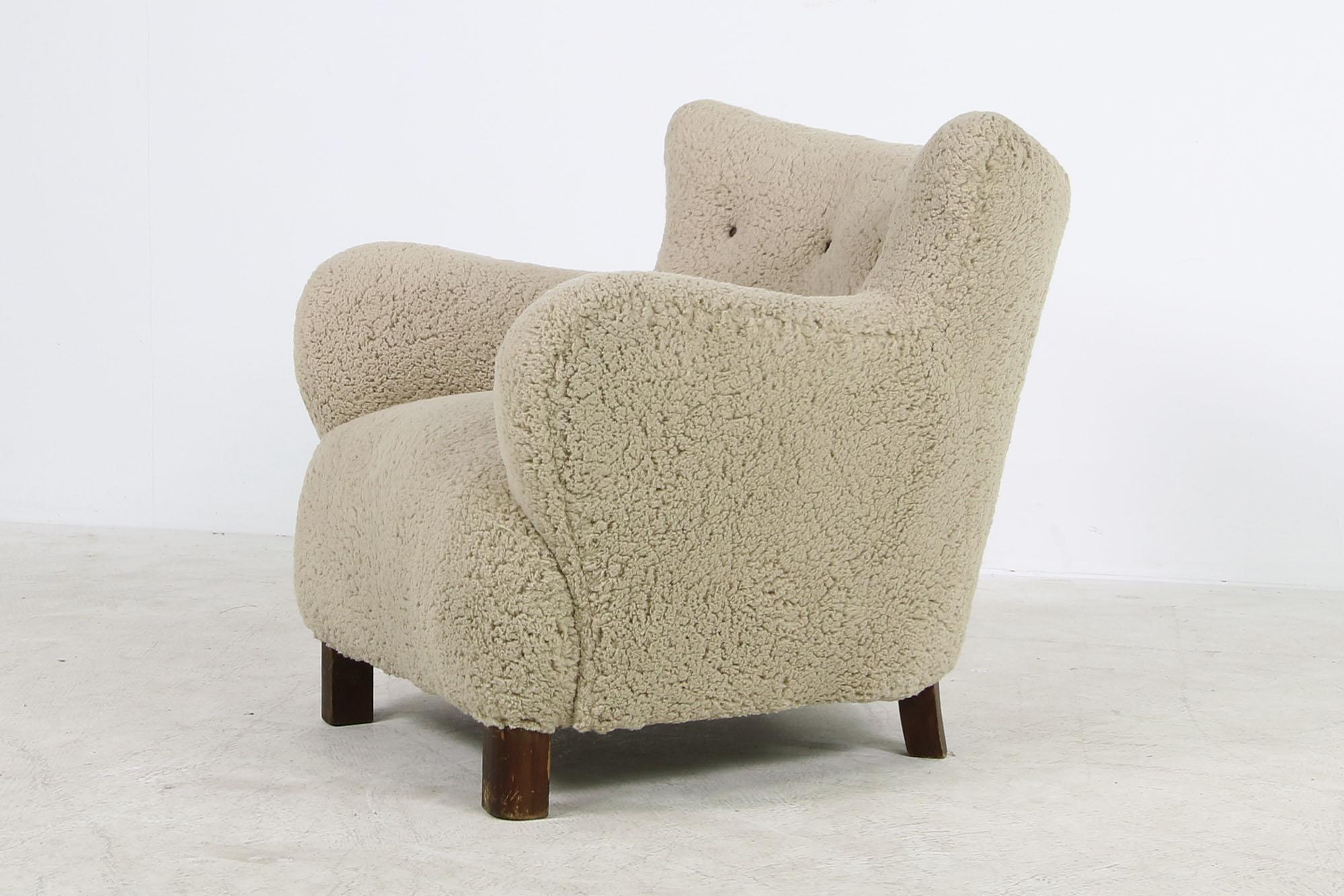 Scandinavian Modern Lounge Chair 1950s Teddy Fur & Leather, Sheepskin, Denmark C 3