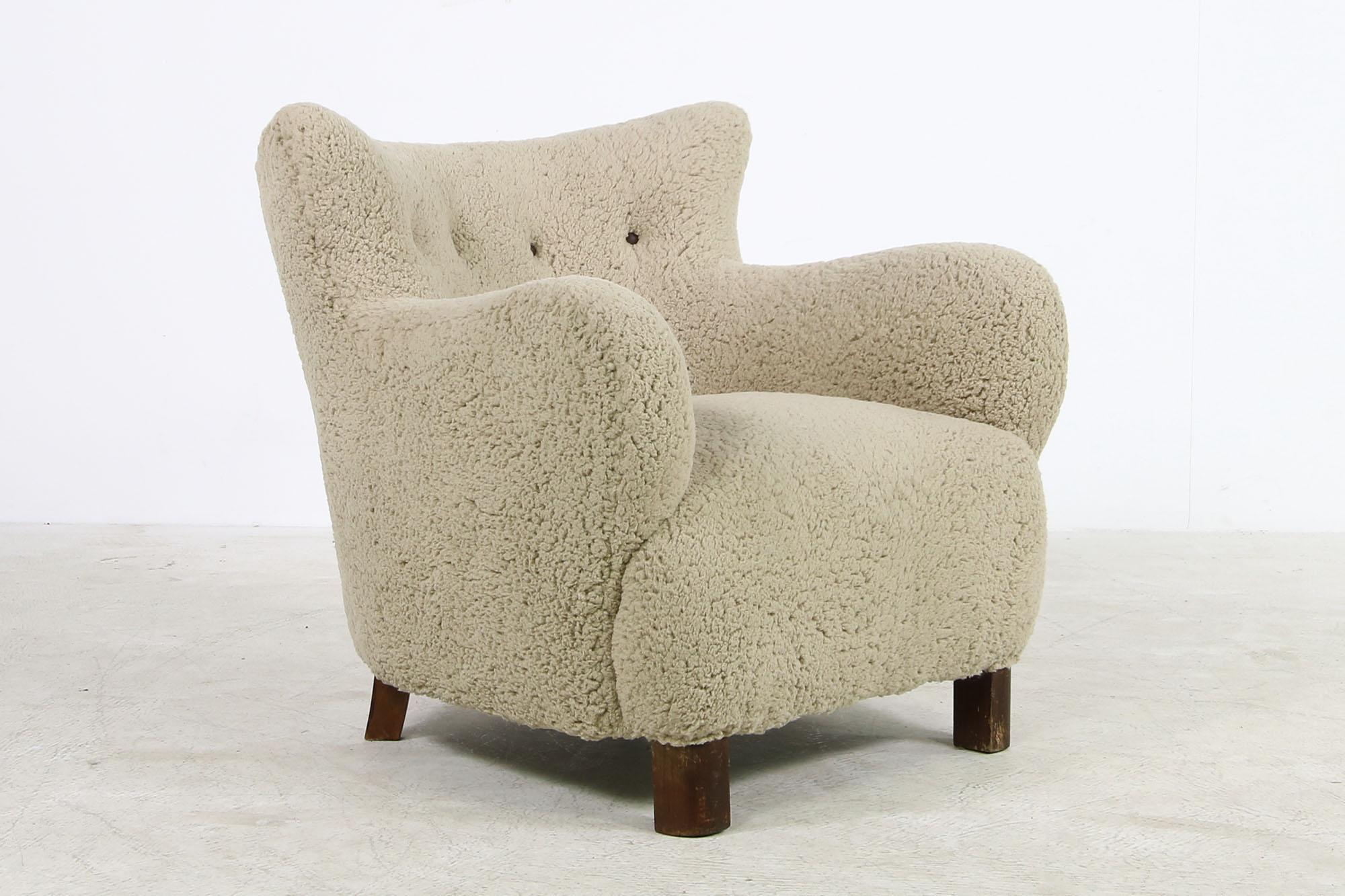 Mid-Century Modern Scandinavian Modern Lounge Chair 1950s Teddy Fur & Leather, Sheepskin, Denmark C