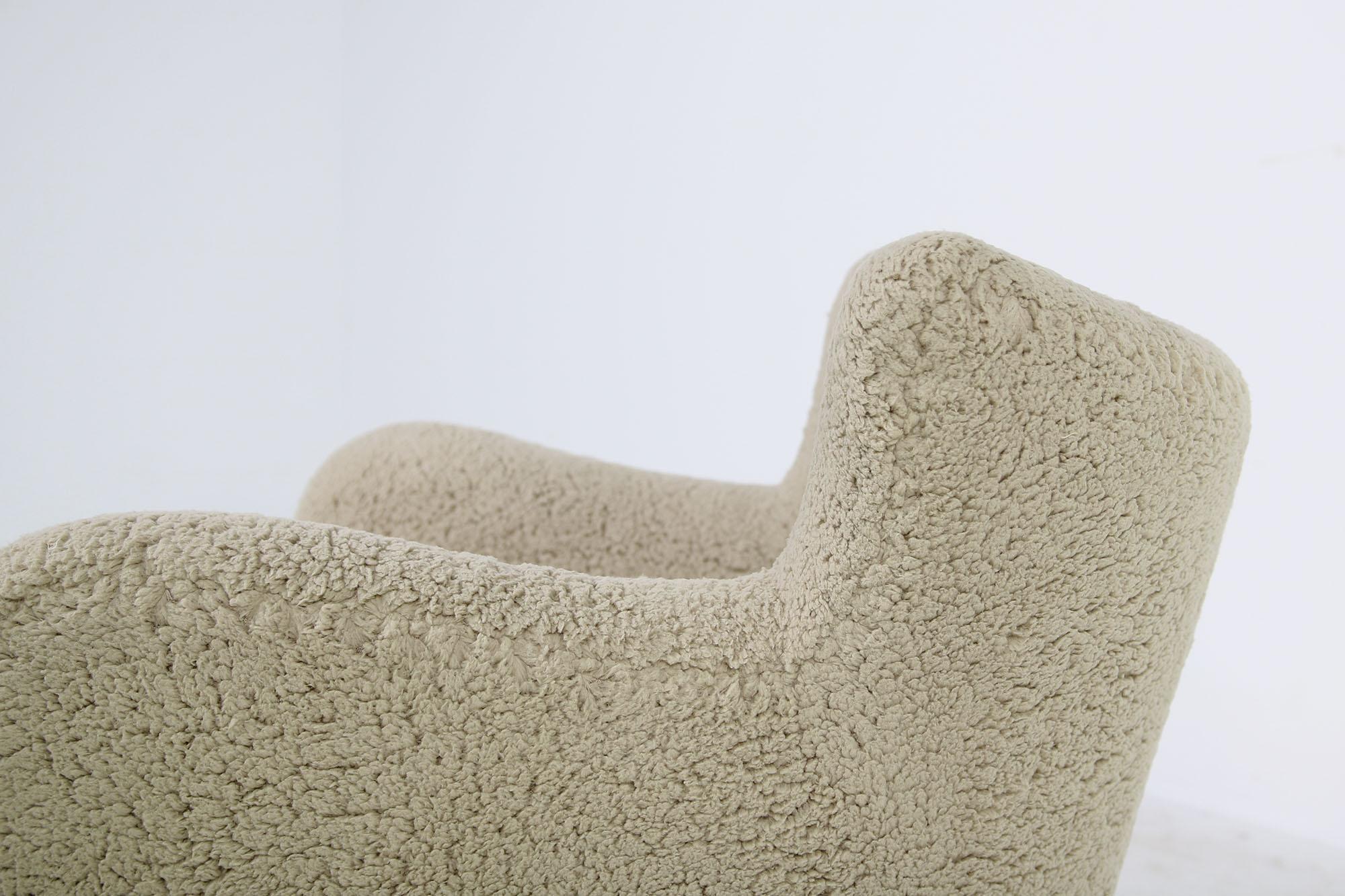 Scandinavian Modern Lounge Chair 1950s Teddy Fur & Leather, Sheepskin, Denmark C 1