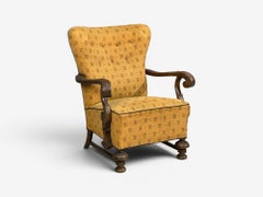 Scandinavian Modern, Lounge Chair, Carved Wood, Fabric, Denmark, 1960s