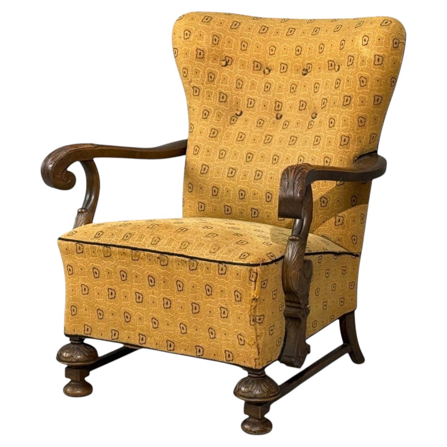 Scandinavian Modern, Lounge Chair, Carved Wood, Fabric, Denmark, 1960s