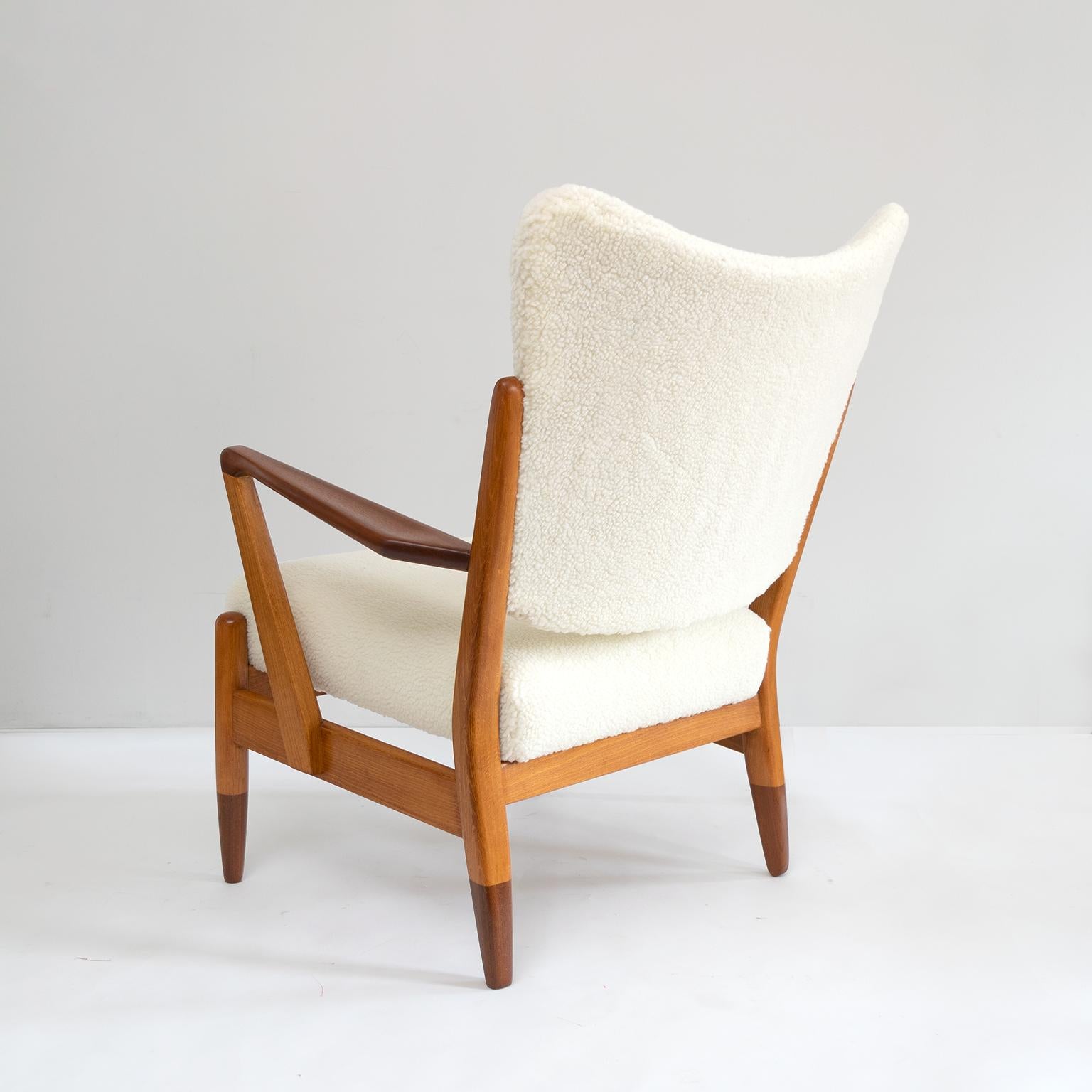 20th Century Scandinavian, Modern Lounge Chair Elmwood and Teak Frame with Faux Sheepskin