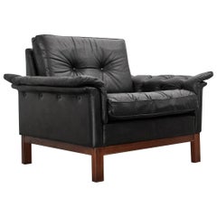Scandinavian Modern Lounge Chair in Black Leather, Danish Modern, 1960s