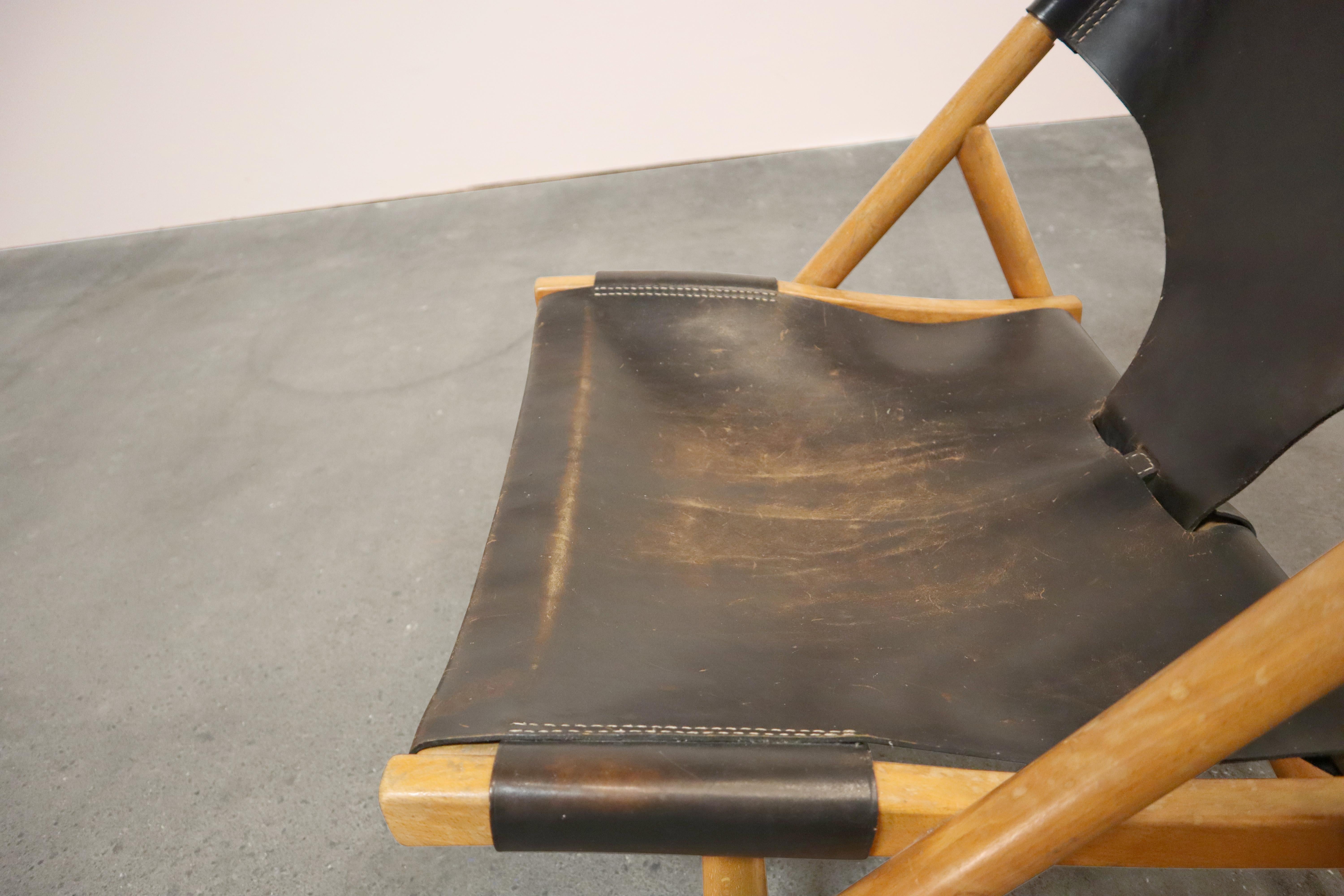 Scandinavian Modern Lounge Chair  Patinated Black Saddle Leather  Wegner Style 8